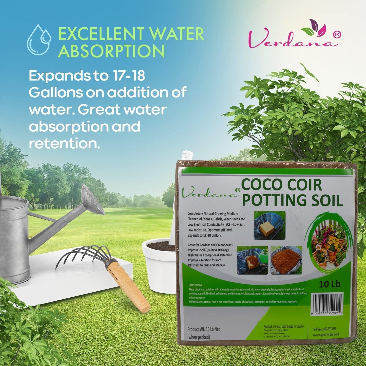 Verdana Coco Coir Potting Soil Brick – 10 Lb - Peat Moss Alternative for Potting Mix, Raised Bed Soil, Organic Gardening & Seed Starting - Compressed Coconut Fiber Block Expands to 18 Gallons