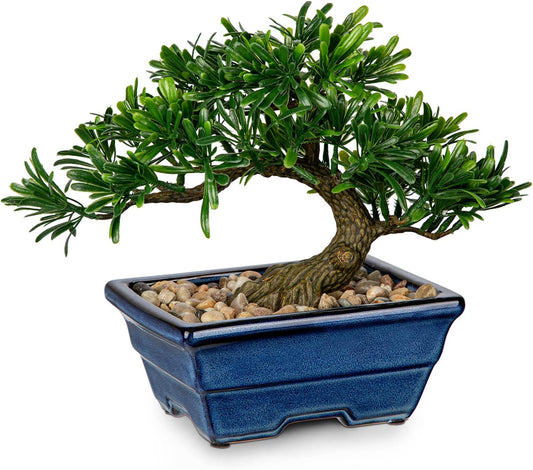 Artificial Bonsai Tree Faux Plants Indoor Small Fake Plants Decor with Blue Ceramic Pots for Home Table Office Desk Bathroom Shelf Bedroom Living Room Farmhouse Decorations