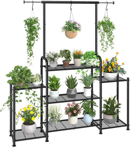 Simple Trending Plant Stand Indoor Outdoor, Metal 3 Tier Tall Hanging Plant Shelf for Multiple Flower Planter Large Heavy Duty Ladder Plant Holder for Garden, Black