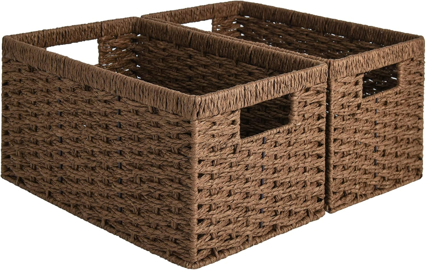 StorageWorks Round Paper Rope Storage Baskets, Rectangular Wicker Baskets with Built-in Handles, Medium, 2-Pack