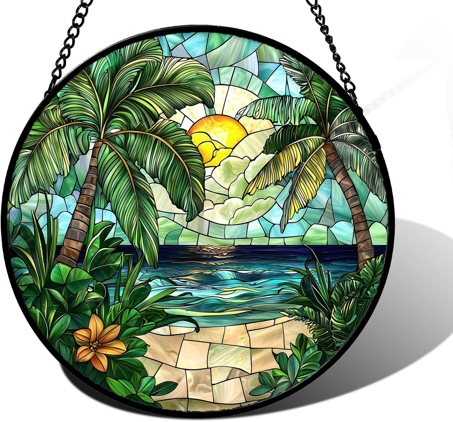 Stained Glass Window Hanging, Green Beach Scenery Suncatcher Diamond Glass Panel Hangings Sun Catchers Decor for Birthday for Women, Men, Wife, Aunt, and Mom 11.8x11.8 in