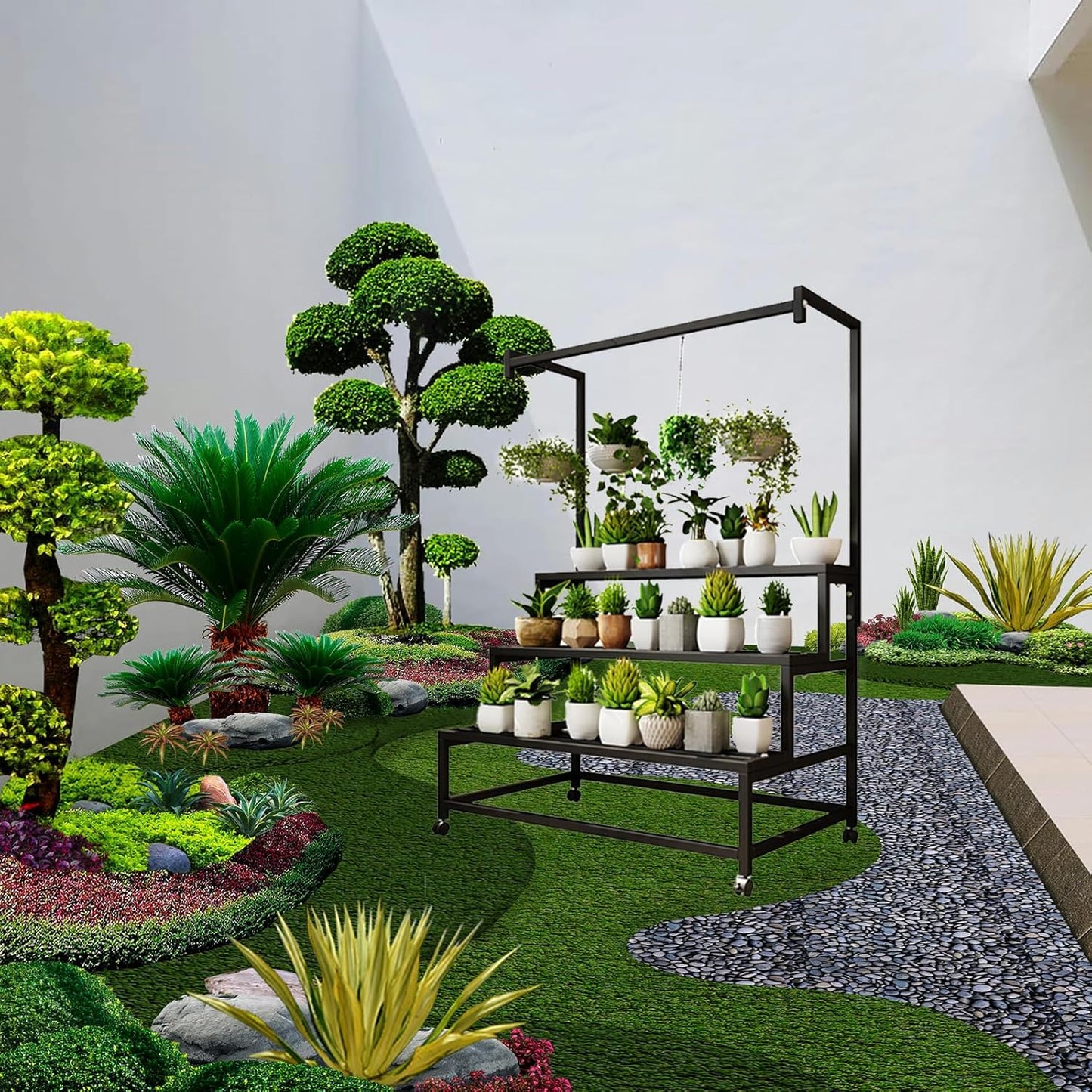 3 Tier Large Metal Plant Stand, with Hanging Tall Plant pot shelf, with Rollers Heavy Duty Plant Holder, for Home/Garden/living room/balcony (BLACK, 31.5IN)