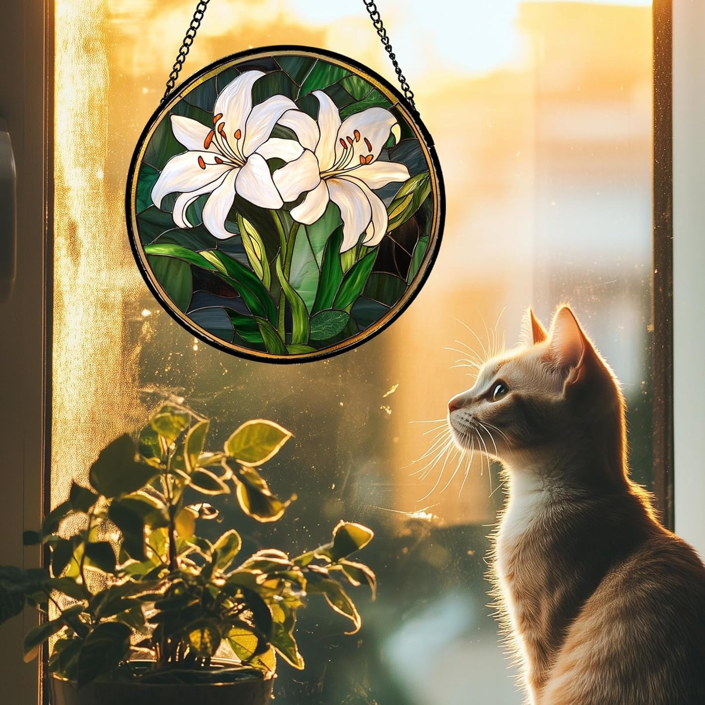 Stained Glass Window Hanging, White Lily Suncatcher for Door Garden Patio Birth Flower Green Plant Sun Catchers Decor Christmas Mother's Day Birthday Gifts for Women Mom Nana Friend 15 in