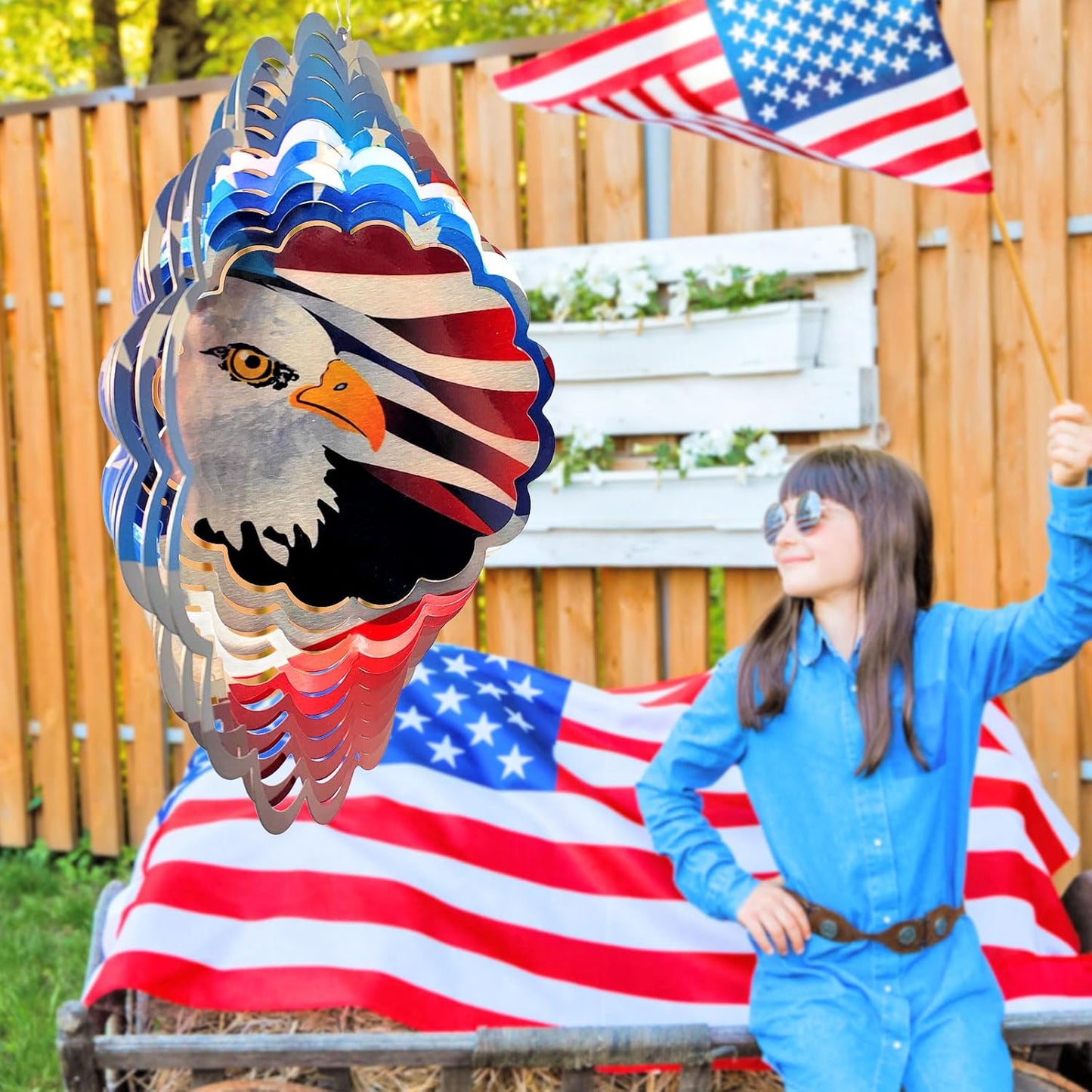 American Flag Wind Spinner - Patriotic Eagle Design | 12In 3D Holographic Hanging Wind Sculptures & Spinners, Outdoor Yard & Garden Decor for 4th of July, Memorial Day | Gift for Men, Women
