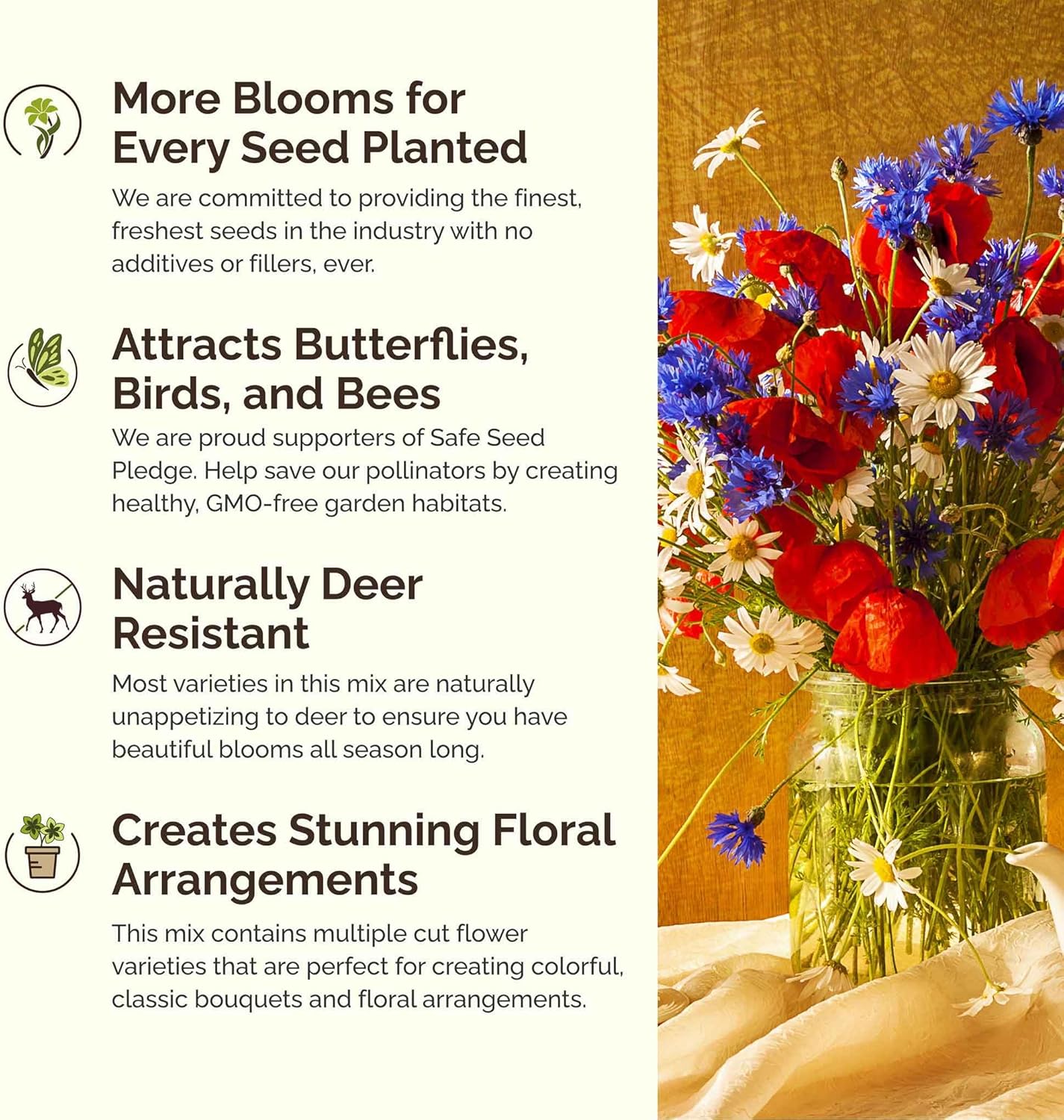 Eden Brothers Back to Basics Flower Mixed Seeds for Planting, 1/4 lb, 120,000+ Seeds with Cornflower Tall Blue, Corn Daisy, Attracts Pollinators, Plant in Spring or Fall, Zones 3, 4, 5, 6, 7, 8, 9, 10