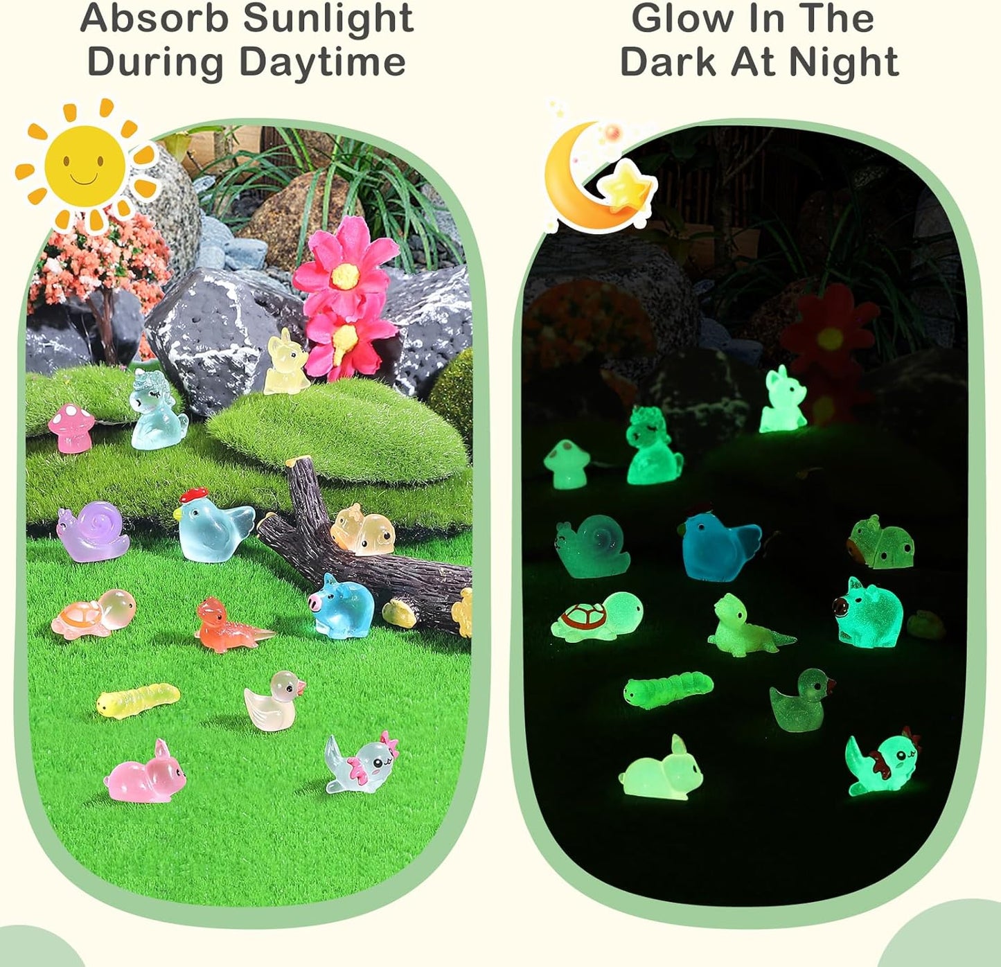 Luminous mini Resin Animals to Hide 120 Pcs Tiny Resin Animals Glow in The Dark for Miniature Fairy Garden Decoration Accessories Micro Landscape Aquarium Potted Decoration