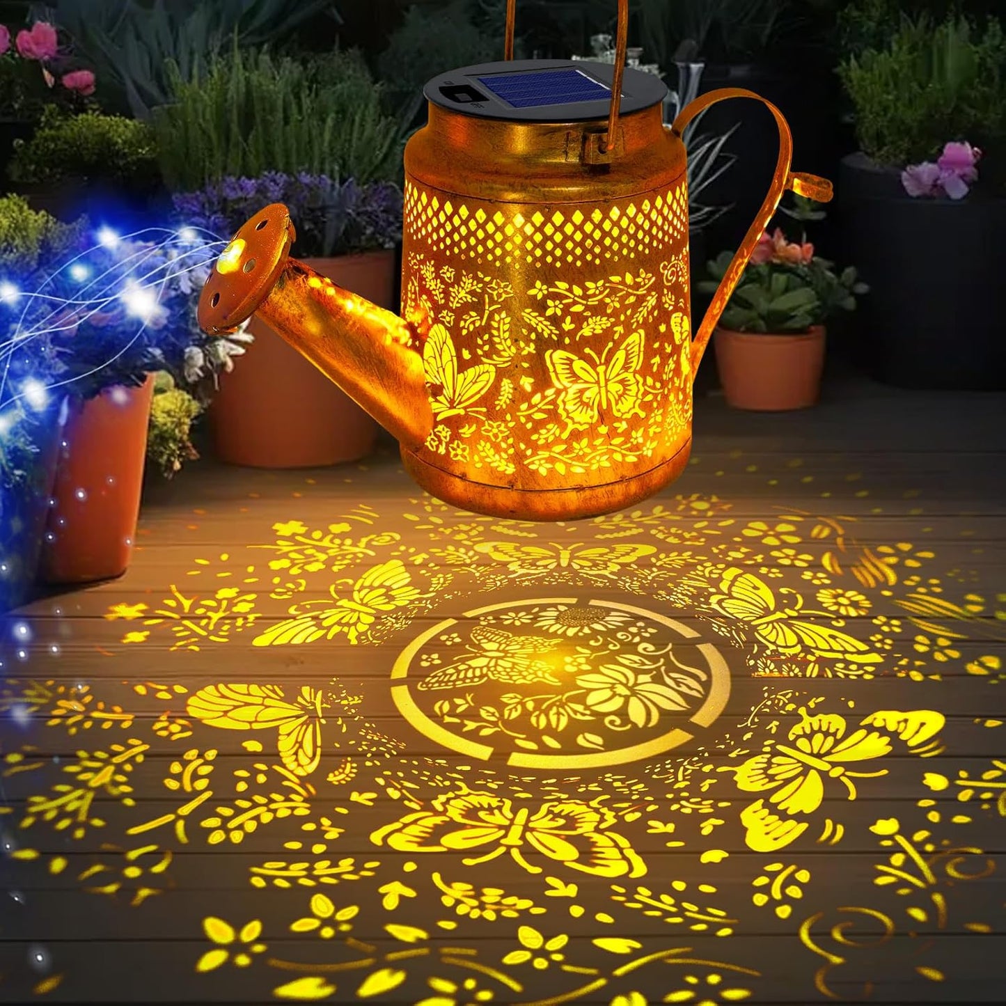 Butterfly Solar Lights Outdoor Waterproof, Solar Watering Can Lights with Shepherd Hook, Metal Hanging Lantern Garden Decor Yard Outside Patio Lawn, Gifts for Mom Grandma Women Birthday