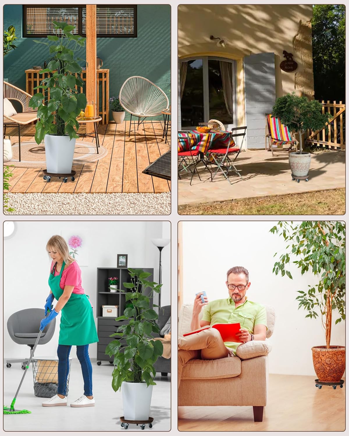 Heavy Duty Plant Caddy with Solid Rubber Wheels, Lockable, Increased Load Capacity, One-Minute Installation, Suitable for Indoor, Outdoor, Patio, Garden Settings, 16 Inches 2PACK, Brown