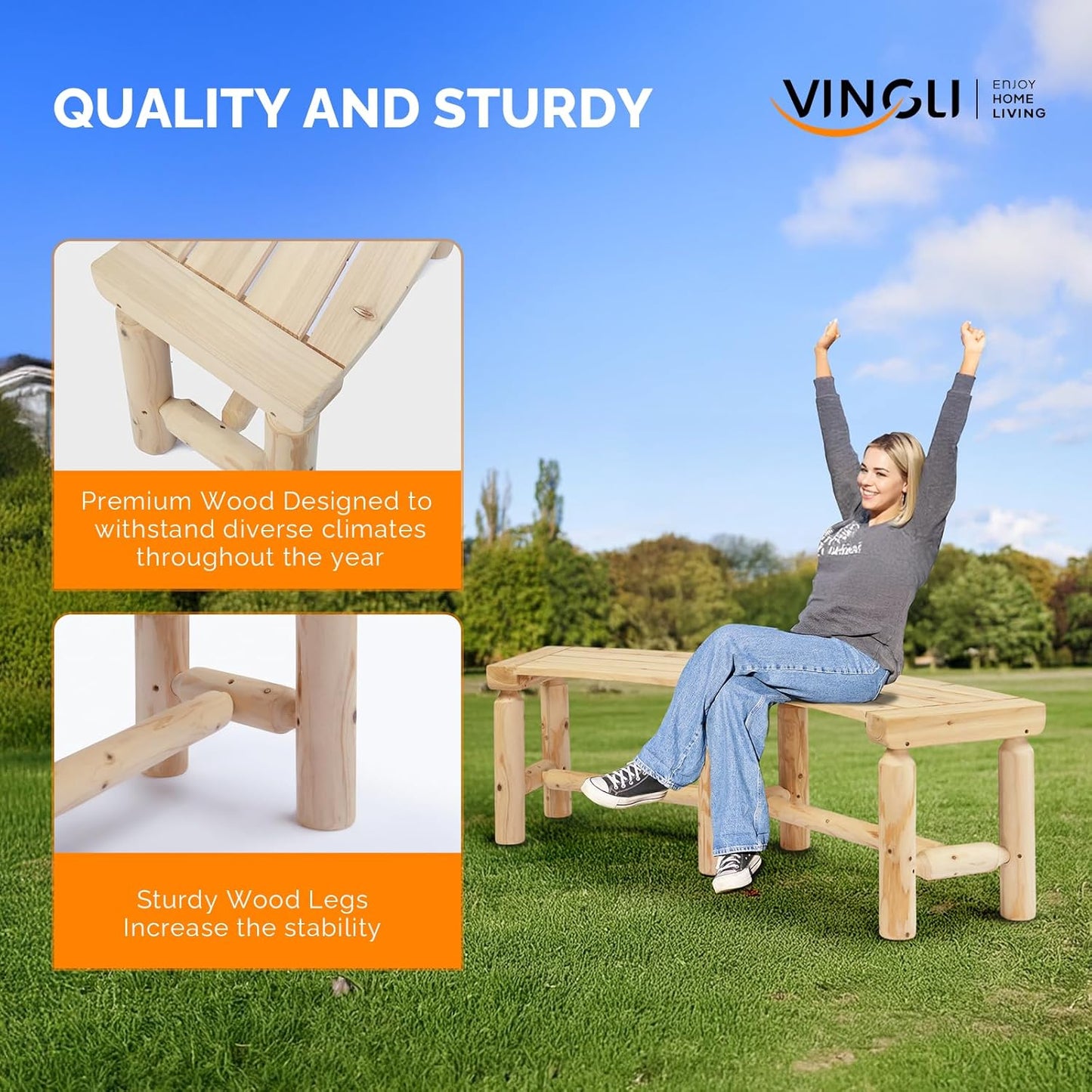 VINGLI Outdoor Bench Wooden Curved Bench, All-Weather Fire Pit Backless Patio Bench, 2-Person Seating Rustic Garden Bench for Backyard Porch Deck Entryway (Natural)