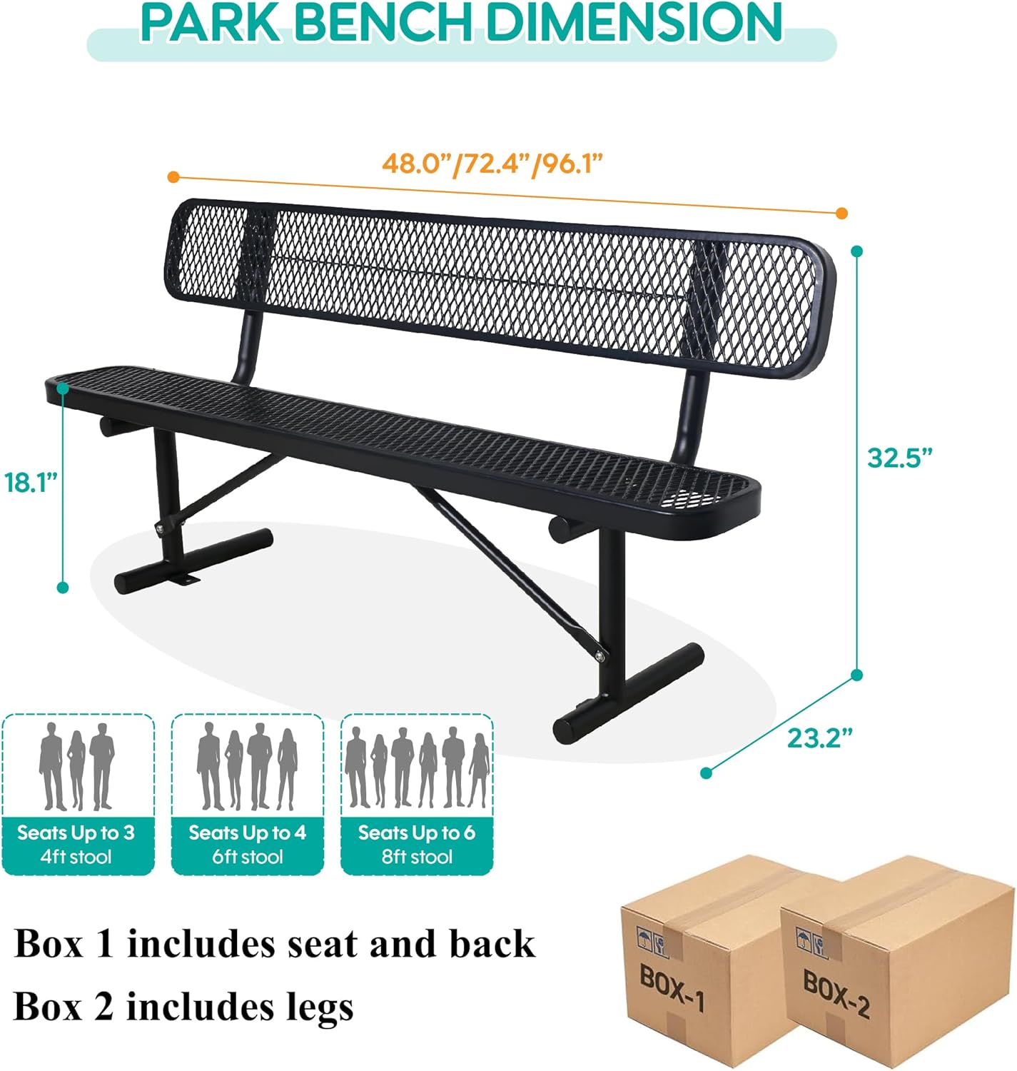 6 Feet Heavy Duty Metal Park Bench for Outside, Outdoor Bench with Backrest & Portable Frame, Commercial Benches for Shopping Malls, Stores, Parks, Patios, Decks, Black