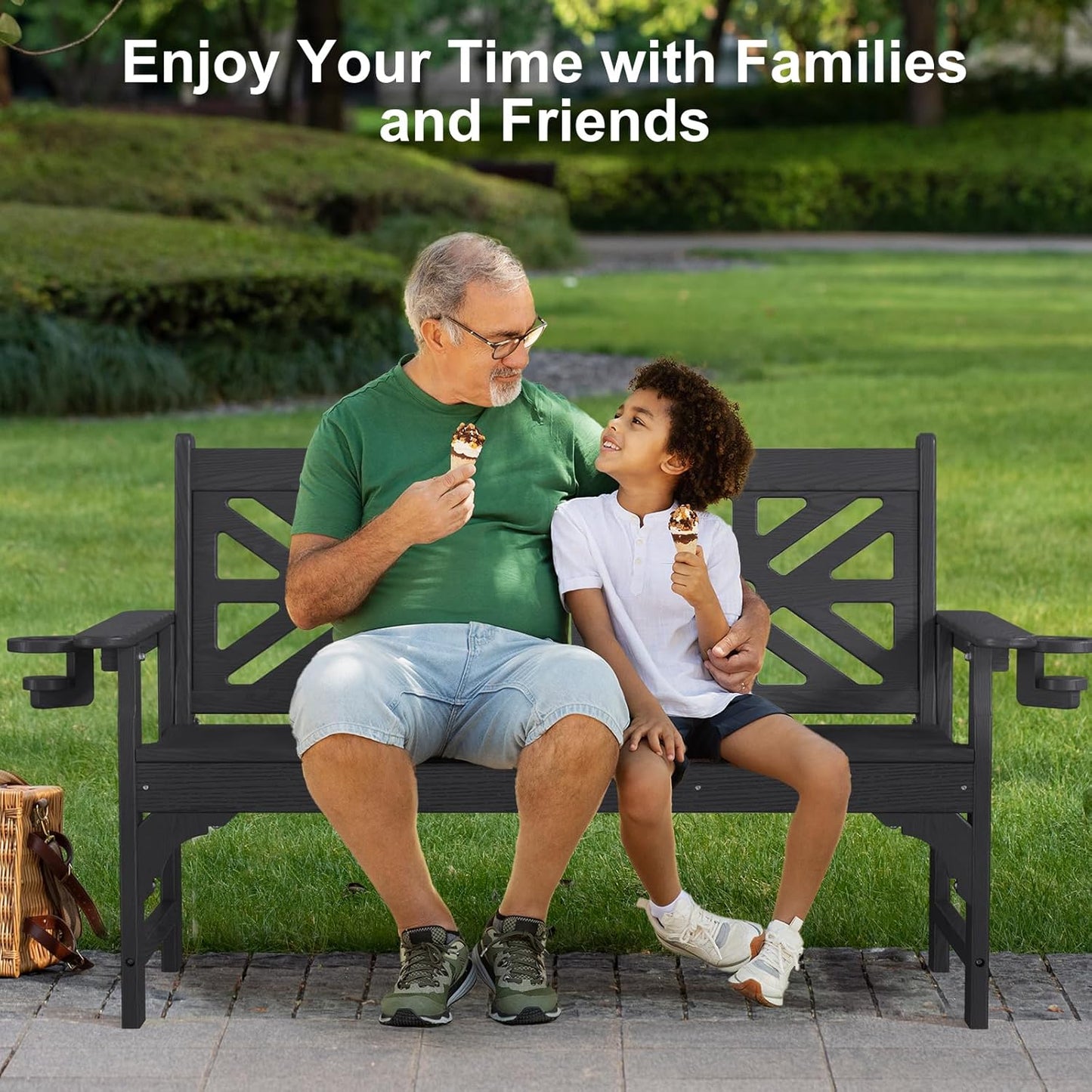 Oversized Outdoor Bench with Cup Holders, 51.5” HDPE Aesthetic Garden Bench for 2 Person, Memorial Benches - Easy Assembly & All Weather, for Porch & Patio, 800lbs Load Capacity (Black, 1pc)