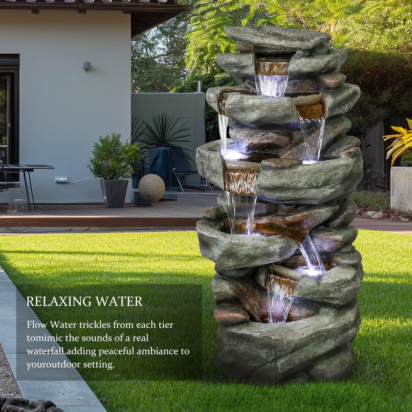 SunJet 40.5” High Rocks Outdoor Water Fountain - 6-Tiers Cascading Waterfall with LED Lights, Soothing Tranquility for Home Garden, Yard Decor