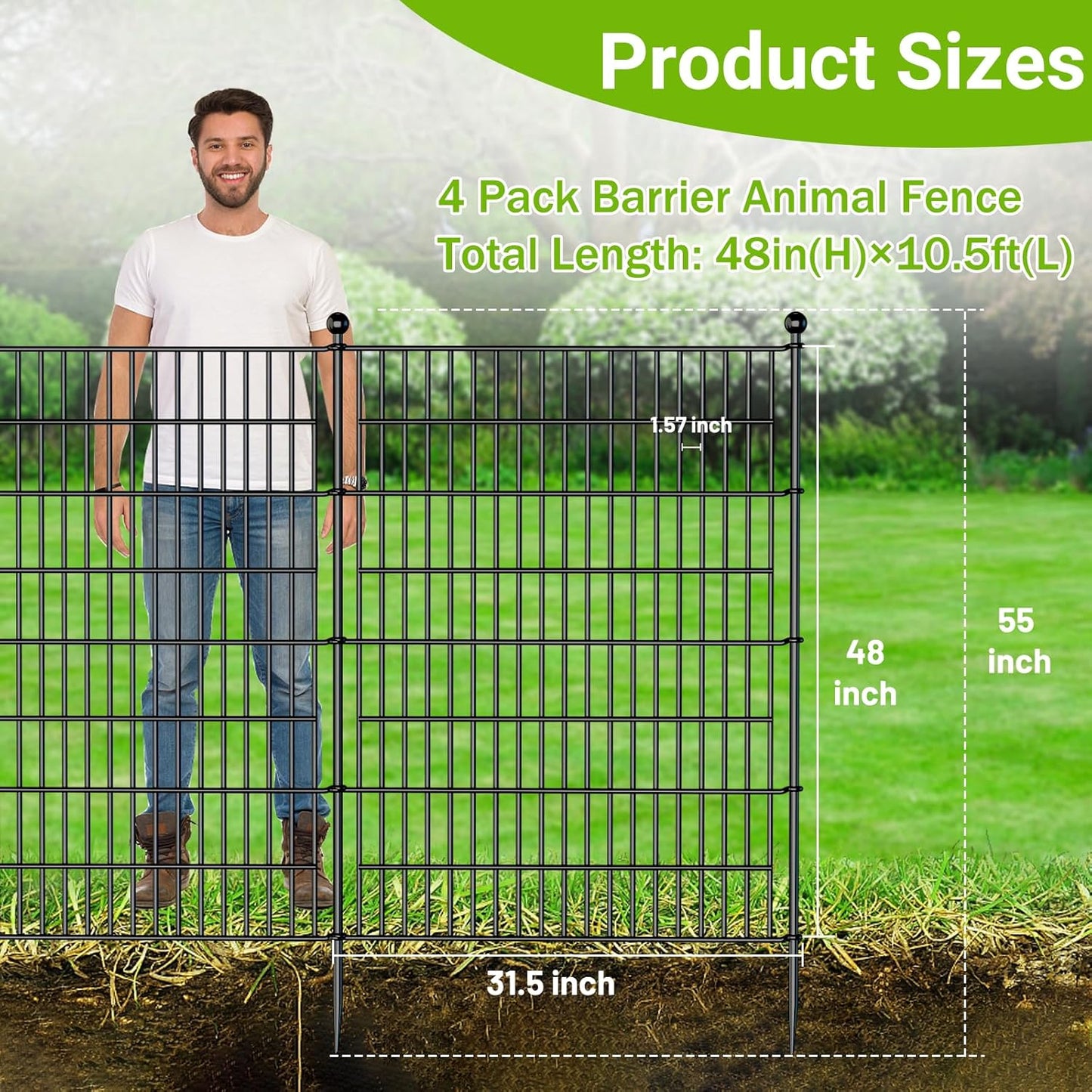 4 Panels No Dig Decorative Outdoor Garden Fence with Gate for Yard, 48 in(H) X 10.5 ft(L) Animal Barrier Fencing Rustproof Metal Wire Panel Border for Dog, Rabbits, and Patio Temporary Ground Stakes
