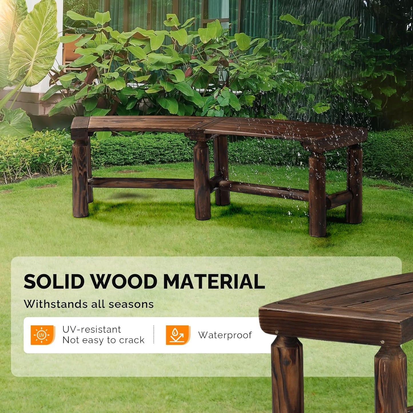 VINGLI Outdoor Bench Wooden Curved Bench, All-Weather Fire Pit Backless Patio Bench, 2-Person Seating Rustic Garden Bench for Backyard Porch Deck Entryway (Carbonized)