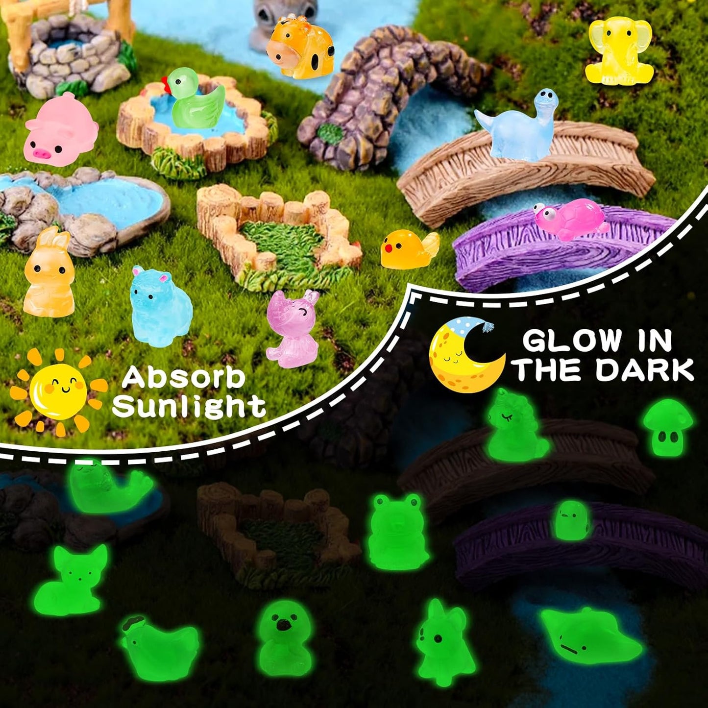 120PCS Glow in The Dark Mini Resin Animals 20 Styles of Luminous Ducks dinosaurswls Frogs and More Tiny Figurines for Fairy Garden Aquarium Terrarium Potted Plants Dollhouse Decor