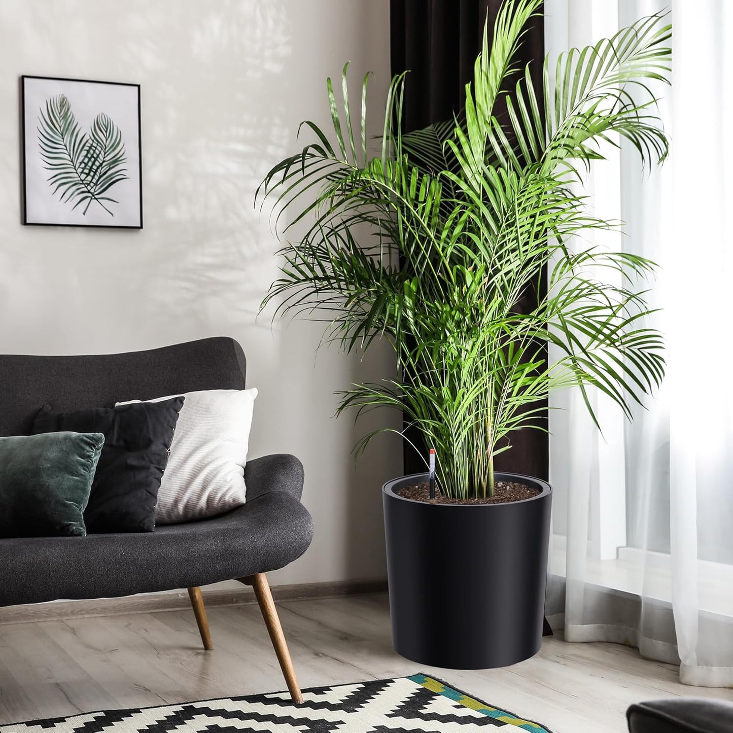 Tall Round Planter Set of 2, 19.5‘’ H x 19.9" Dia Large Planters for Indoor Plants with Built-in Drainage and a Water Level Monitor and Wheels for Patio, Porch, Living Room, or Home Office, Black