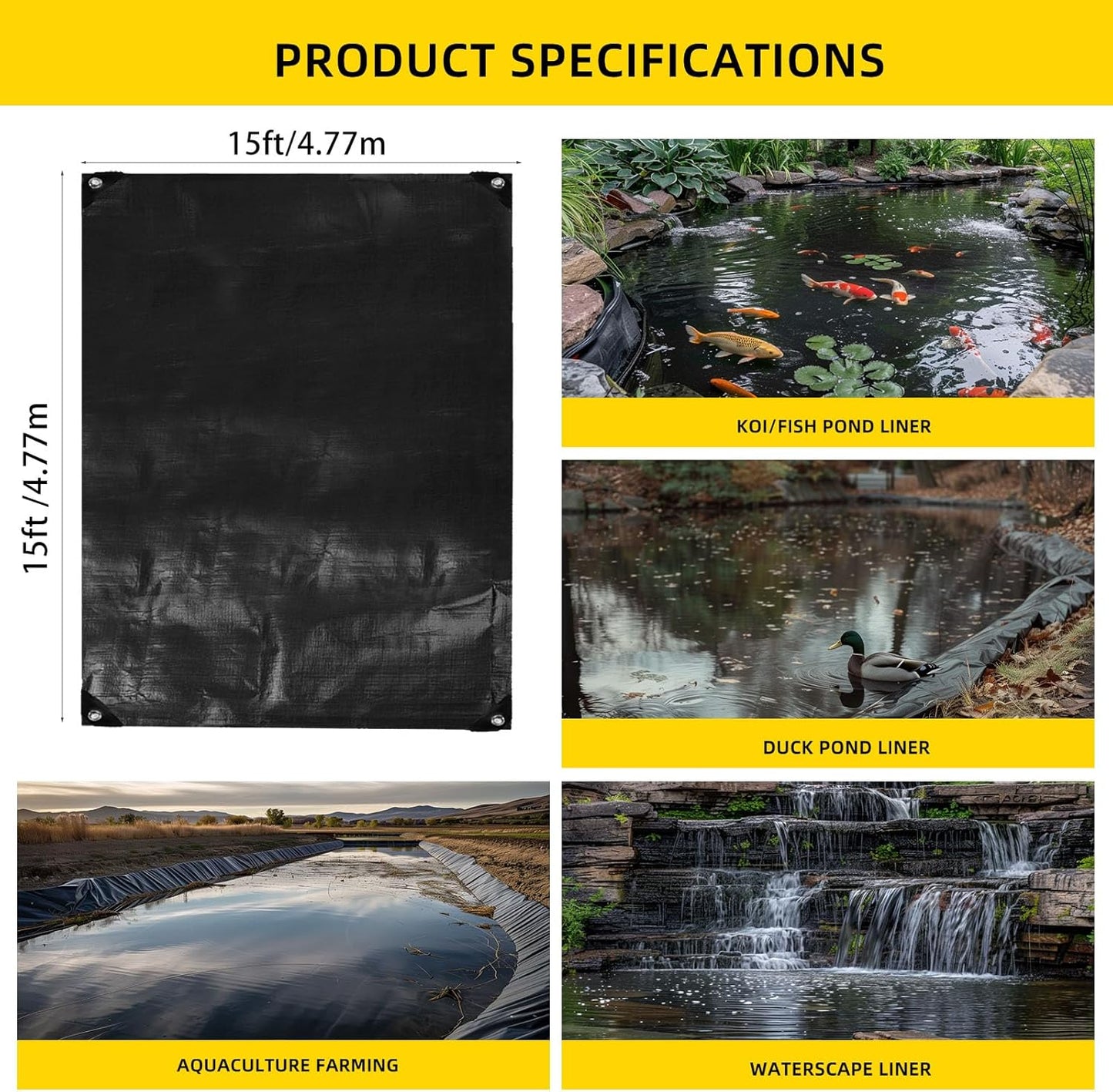 TEZONG Pond Liner,15x15Ft Pond Liners for Outdoor,28Mil PE Black Koi Fish Pond Liners,Reinforced Pond Underlayment for Water Garden,Waterfall,Fountain