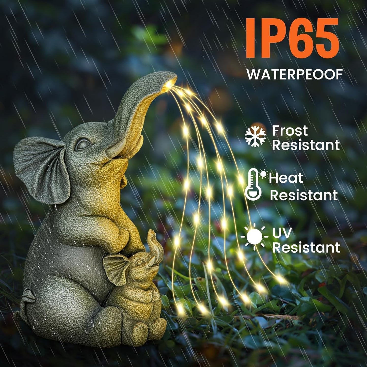 Solar Garden Outdoor Statue with 30 LED Lights - Lawn Decor Elephant Figurine for Patio, Balcony, Yard Ornament - Unique Housewarming Lucky Elephant Mother Gift