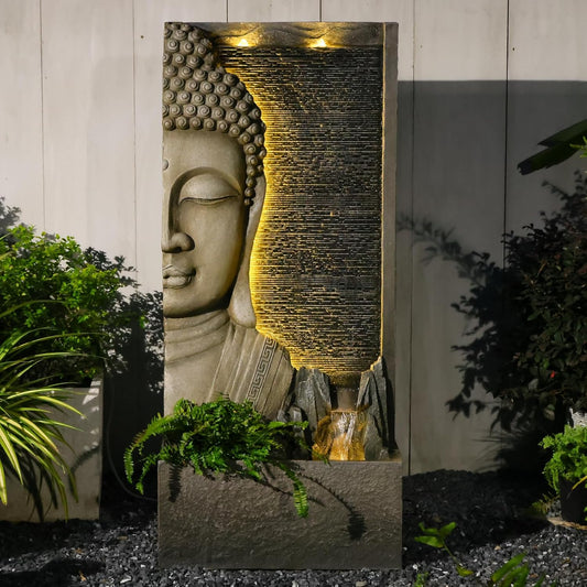 47.5" Buddha Water Fountain Outdoor with LED Lights, Large Zen Garden Waterfall Feature with Double Bubblers and Stream, Resin Statue for Patio, Yard, Porch, Meditation Decor