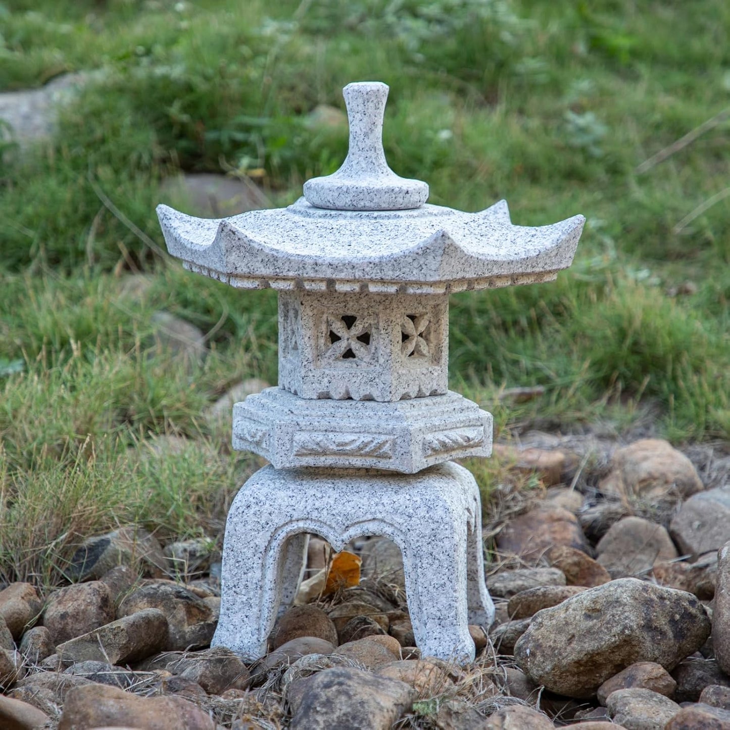 Generic Five Pieces Stone Japanese Lantern, Light Gray, Water Resistant, Granite, 16 inches H x 12.2 inches W x 12.2 inches D, Garden Decoration, Outdoor Lantern