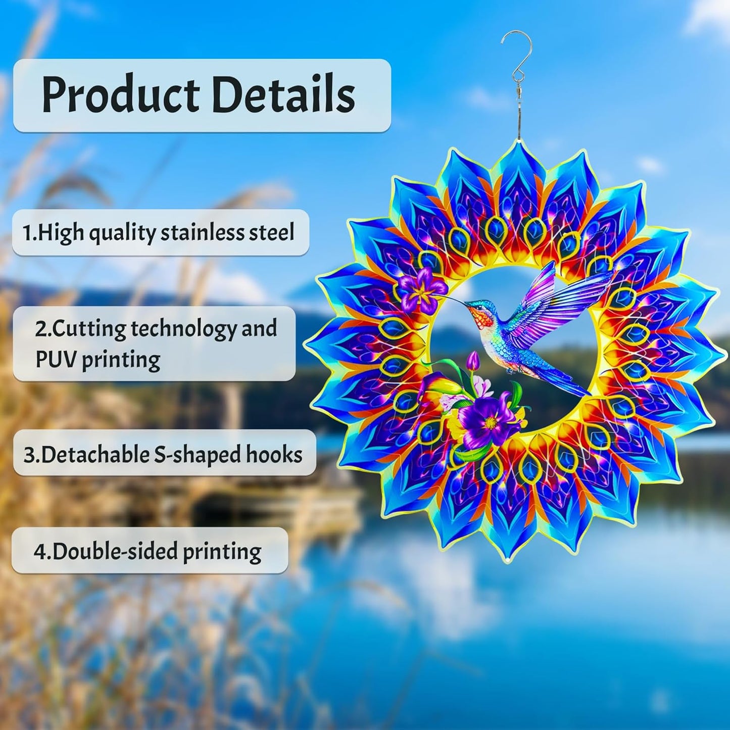 Hummingbird Wind Spinner,Hanging Wind Spinners Outdoor for Garden Decoration，15.7 inch 3D Stainless Steel Wind Sculpture for Indoor/Outdoor Decor