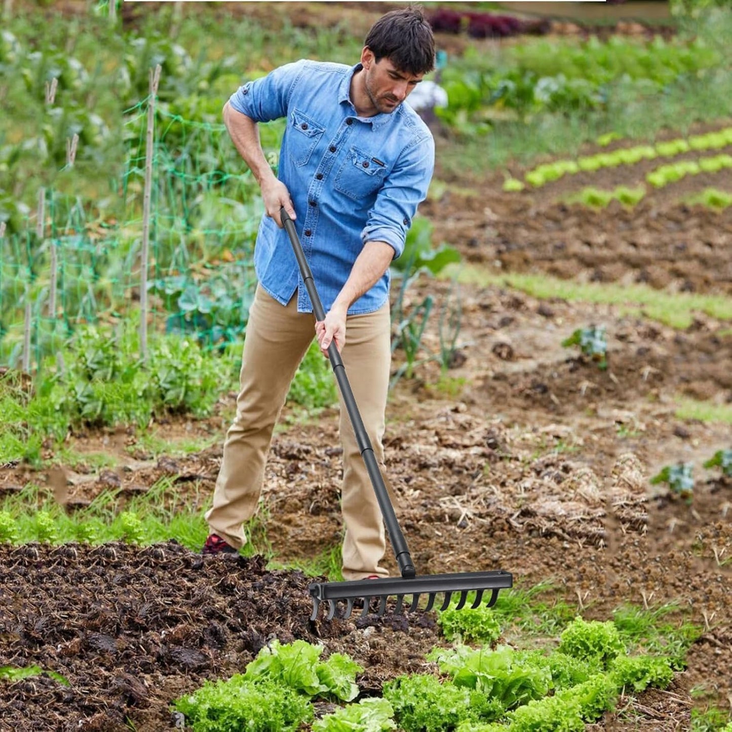 Stirrup Hoe with 76.8" Adjustable Long Handle Hula Hoe Weed Puller Heavy Duty Garden Hoe with 12 Tines Rake 2-in-1 Gardening Tool for Loosening Soil, Gathering Leaves, Weeding