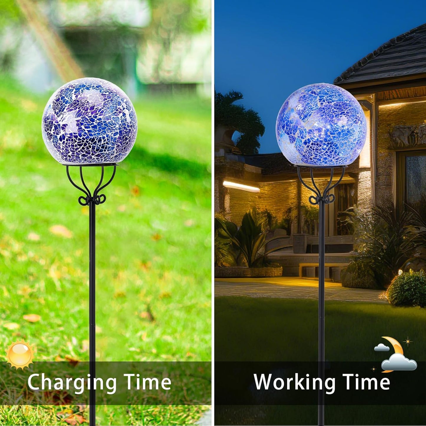 VCUTEKA Solar Outdoor Lights Garden Decor Mosaic Solar Garden Lights Waterproof Glass Ball LED Pathway Stake Light for Landscape Lawn Patio Yard Decoration 6 inch, Blue