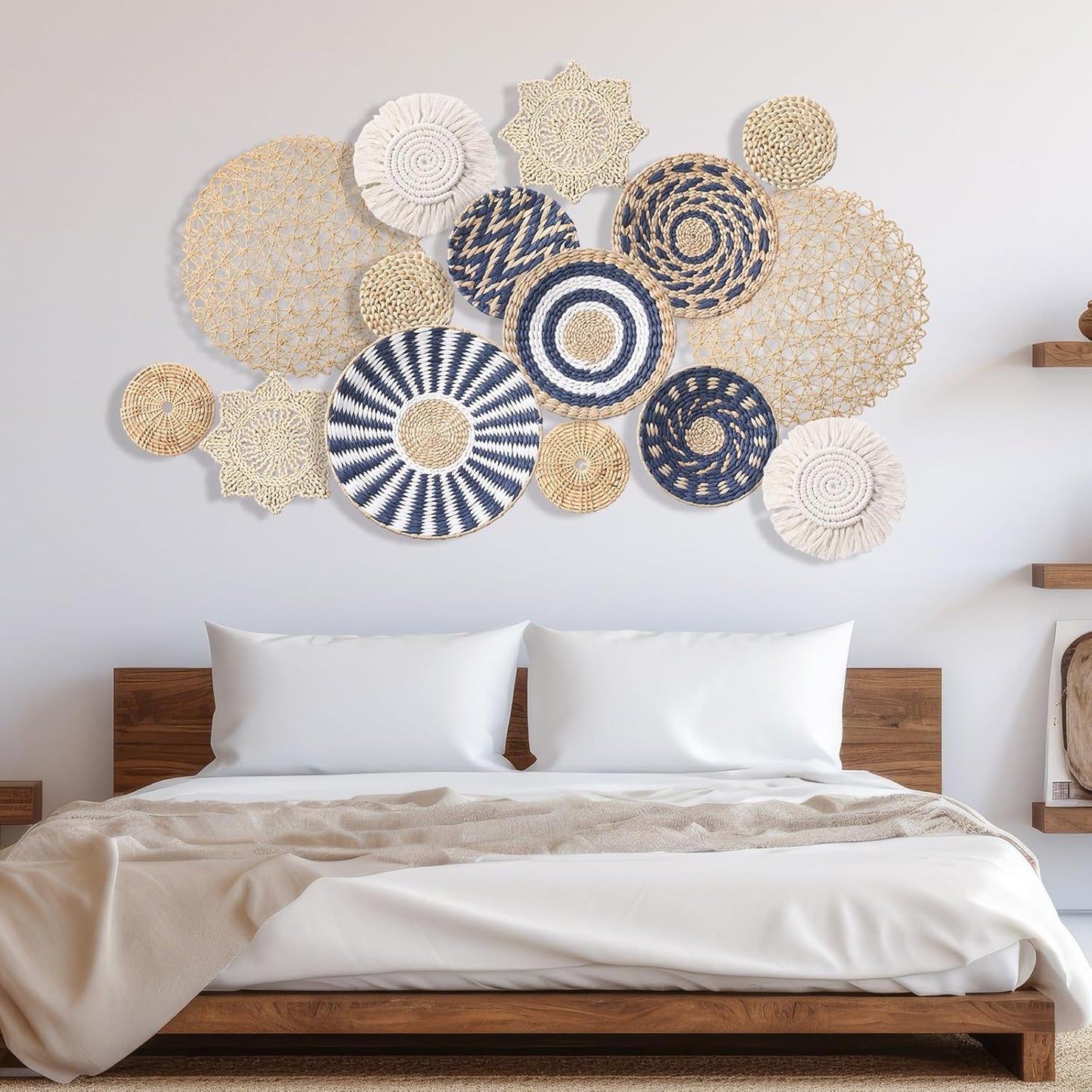 15 Pcs Boho Wall Basket Decor Woven Rattan Seagrass Wall Decor Hanging Rustic Farmhouse Western Art Decoration for Nursery Living Room Bedroom Home Kitchen(Blue Style)