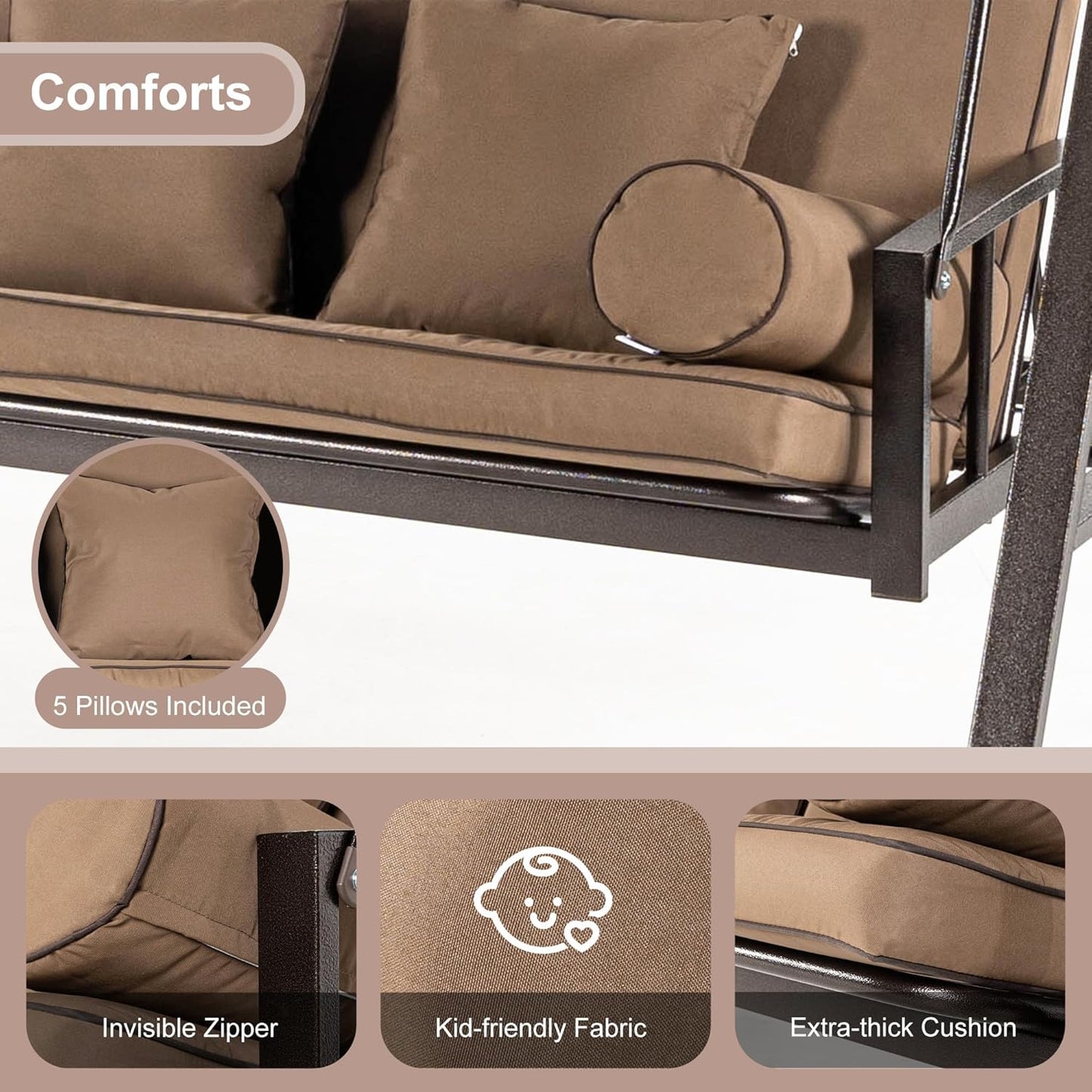 PURPLE LEAF Outdoor Patio Porch Swing Adjustable Backrest, 3-seat Swing Chair with Weather Resistant Steel Frame for Backyard Front Porch Lawn, Cushion and Pillows Included, Beige