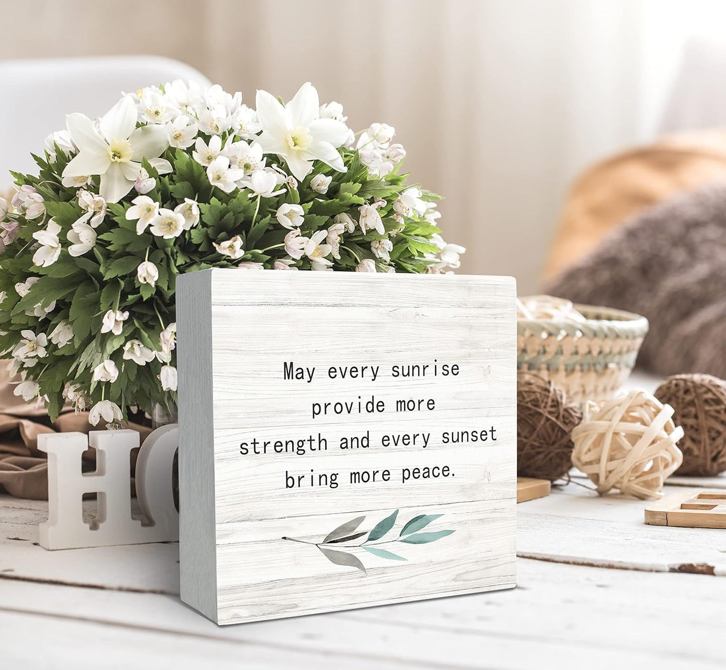 SRADMO May Every Sunrise Provide More Strength and Every Sunset Bring More Peace Wood Box Sign Desk Decor, Rustic Inspirational Wooden Block Box Sign Decoration For Home Office Shelf Table Decor
