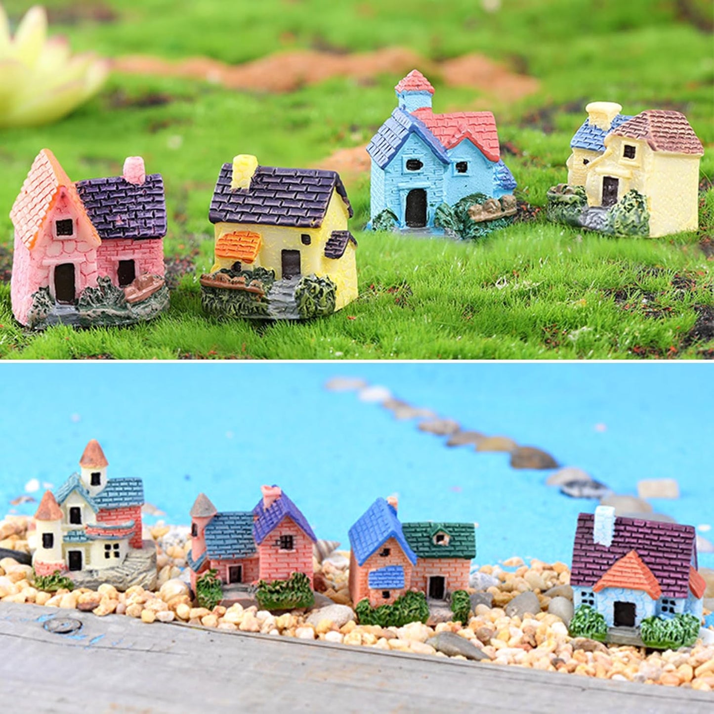 8PCS Colorful Miniature House Mini House Cottage Resin Figurines Fairy Garden Accessories Outdoor Vintage Small Micro Landscape Ornament Plant Flower Pot Terrarium Home Decor Supplies
