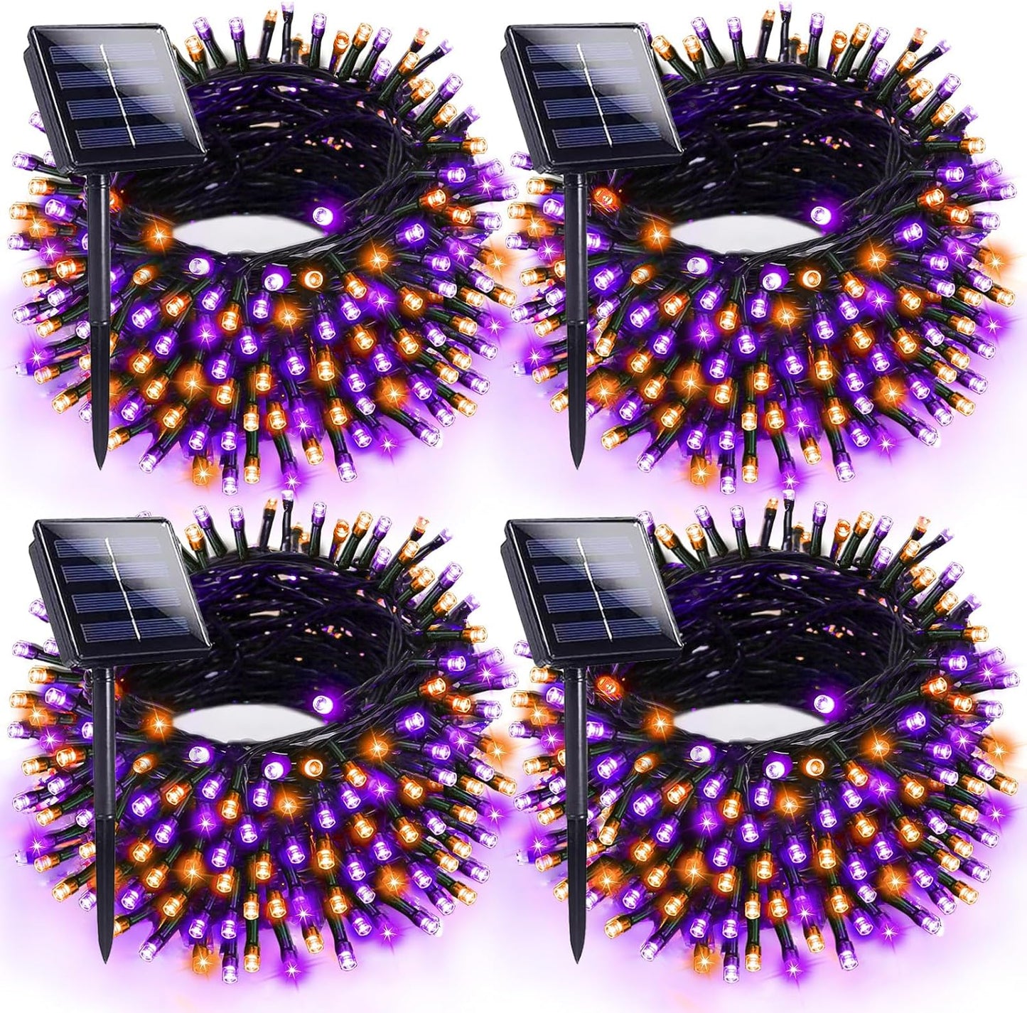 4pk Orange and Purple Solar Halloween Lights Outdoor Waterproof, 400LED 132FT Solar Powered LED String Lights Black Wire with 8 Modes, Solar Fairy Lights for Halloween Horror Party Tree Wedding Decor