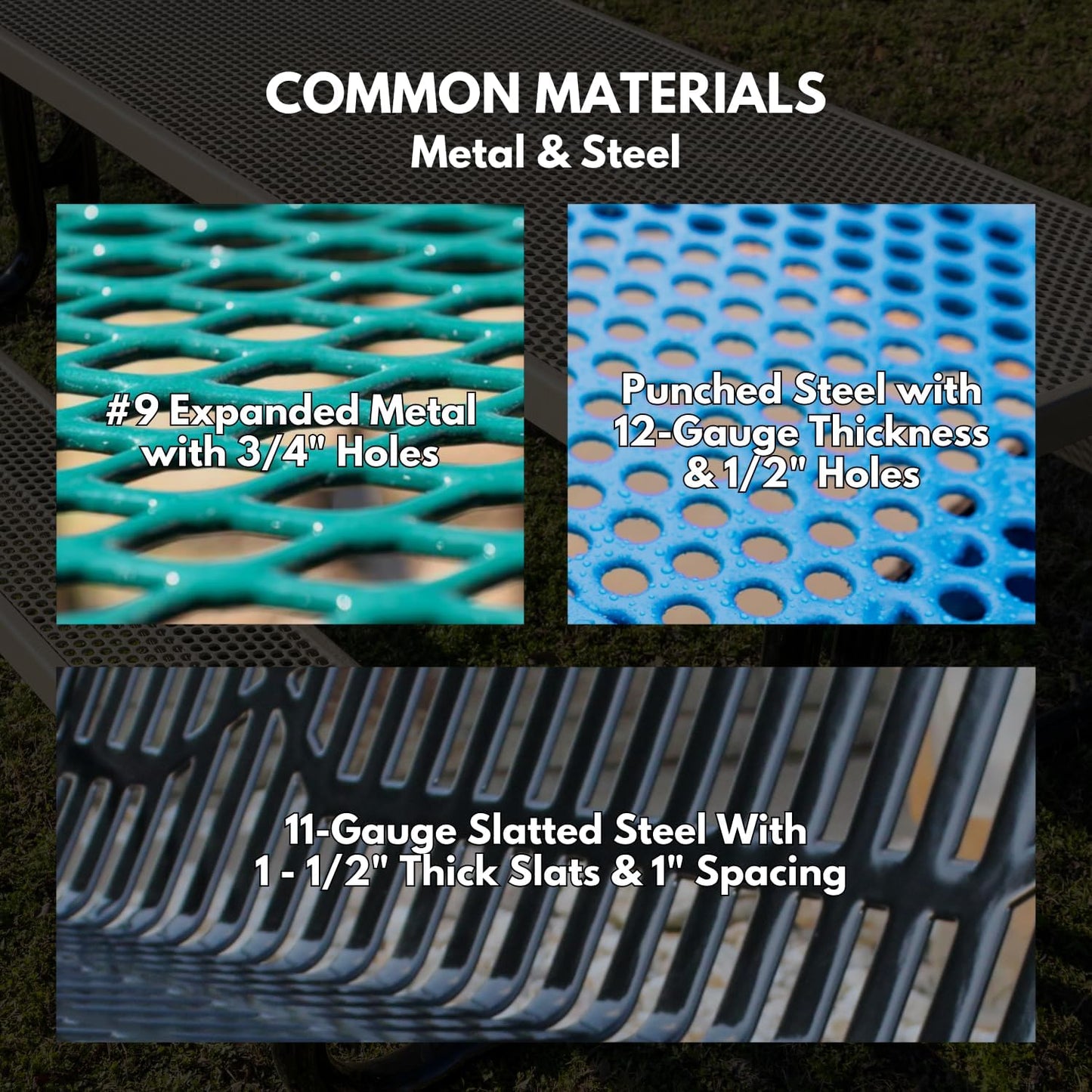 Heavy-Duty Outdoor Bench Thermoplastic Coated, Punched Steel, Commercial-Grade Garden Bench, Made in America (Portable with Back, 6 Ft, Textured Light Blue)