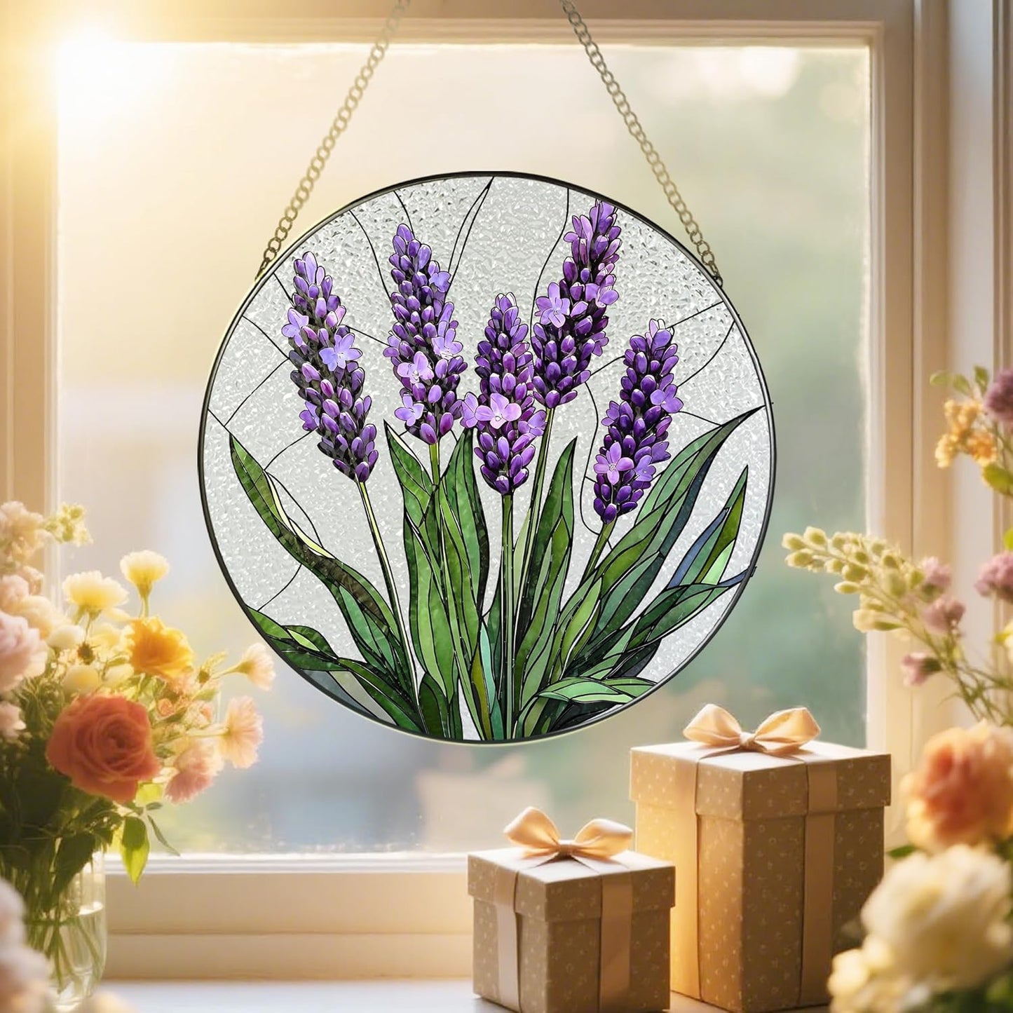 Stained Glass Window Hanging, 8 Inch Lavender Stained Glass Suncatcher, Flower Sun Catcher, Window Hanging Decor, Flower Lovers Gift for Her, Housewarming Gift, Gifts for Lover, Bestie and Couple