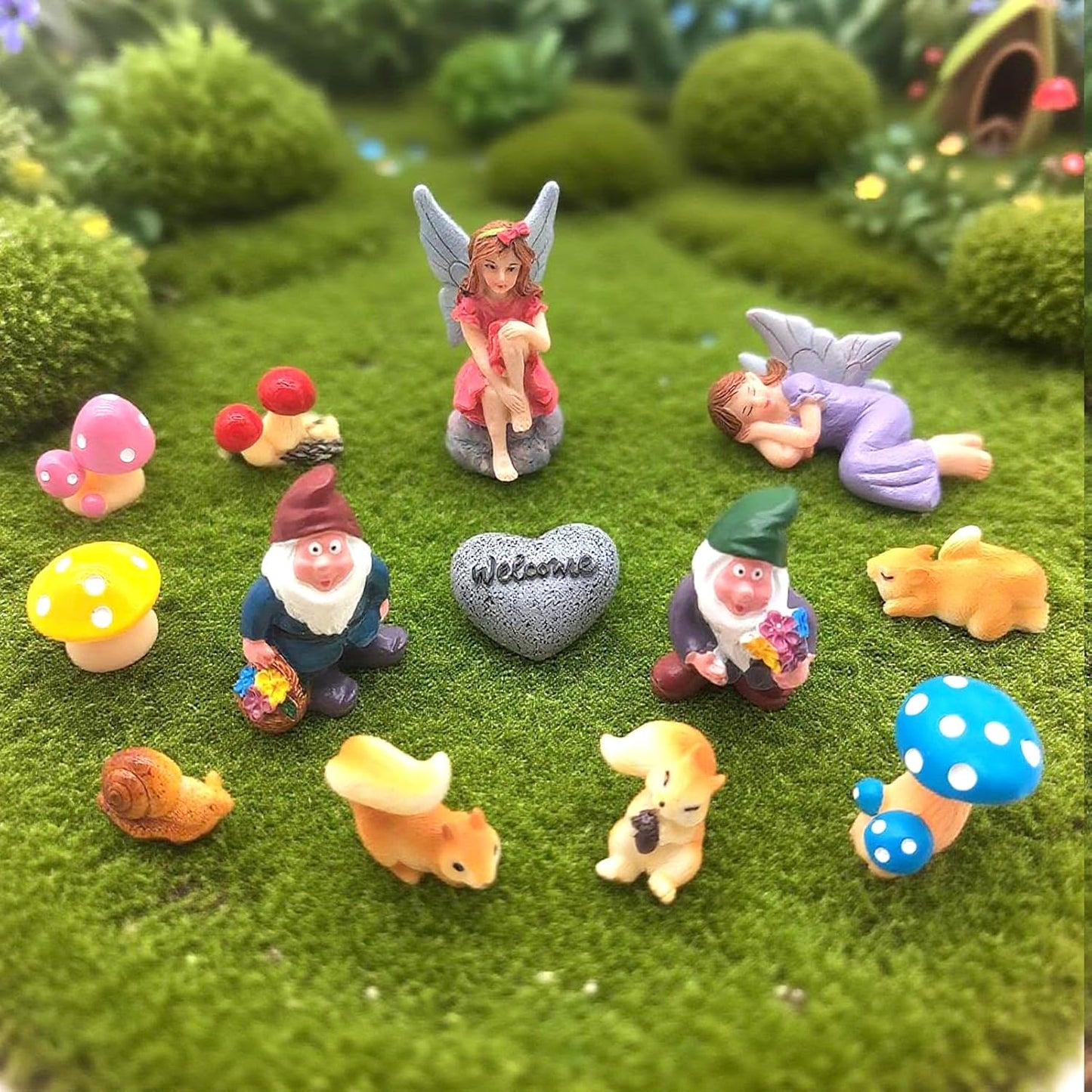 Fairy Garden Accessories Kit, 13PCS Little Fairies, Gnomes, Squirrels, Mushrooms Hand-Painted Resin Miniature Figurines Set for Outdoor/Indoor Fairy Garden, Plant Pot, Terrarium Decor