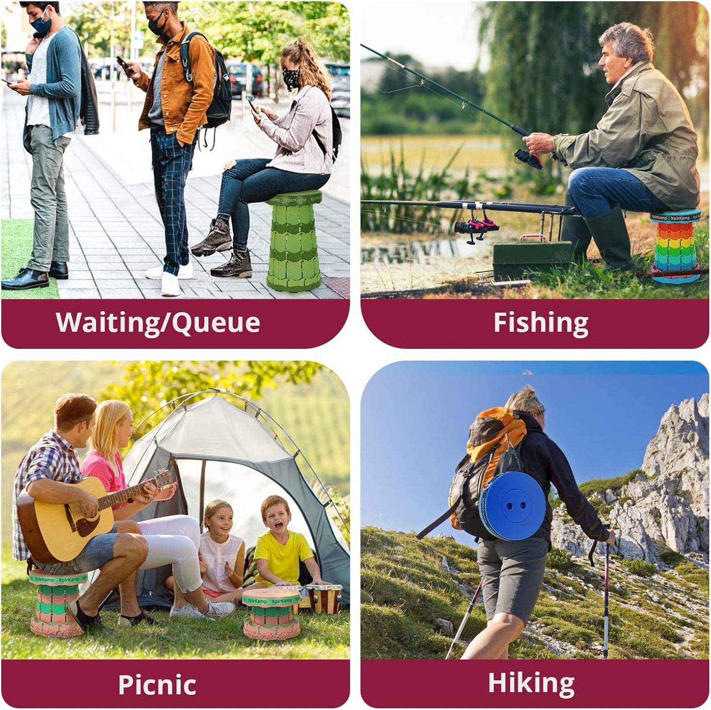 Retractable Folding Stool - Heavy Duty 400 lb Collapsible Portable Stool for Camping, Hiking, Fishing, Indoor/Outdoor with Non-Slip Base and Lightweight Design (Pink Green, 2-Pack)