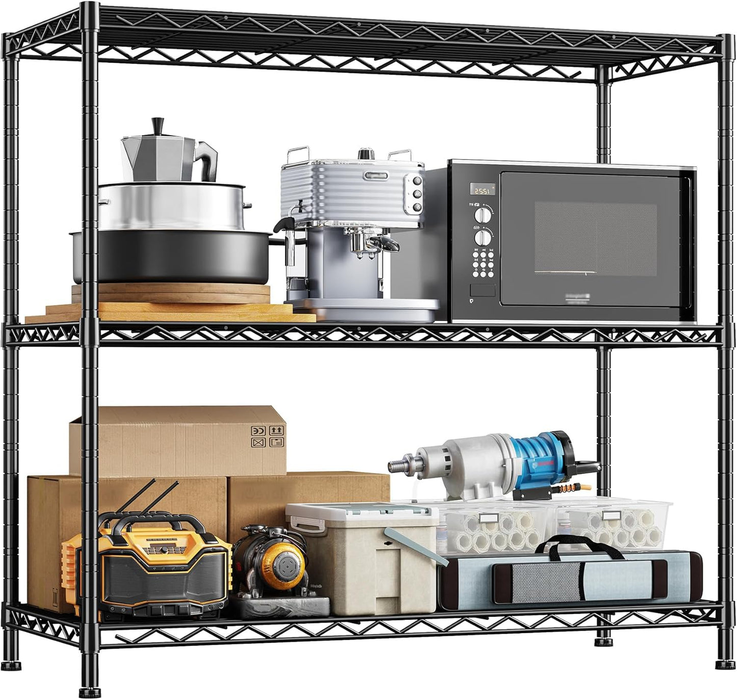 3- Shelf Metal Shelving Unit 35.6Wx14Dx36H Adjustable Storage Shelves Heavy Duty Garage Shelving Steel Wire Shelving for Laundry Bathroom Kitchen Pantry Closet Garage Black