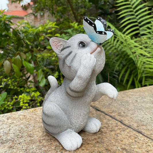 Solar Cat Outdoor Figurines Garden Decor with Butterfly Cat Statue Light for Lawn Ornaments Porch Patio Balcony Yard Decorations Outdoor Birthday Gifts for Women Grandma Mother’s Day