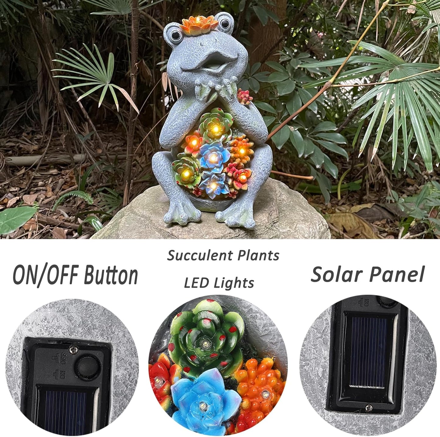 Solar Garden Frog Statues with Outdoor Light for Outdoor Decor Succulent and 8 LED Lights Solar Frog Art Decor for Lawn Yard Decor Gifts for Women Mother's Day Birthday