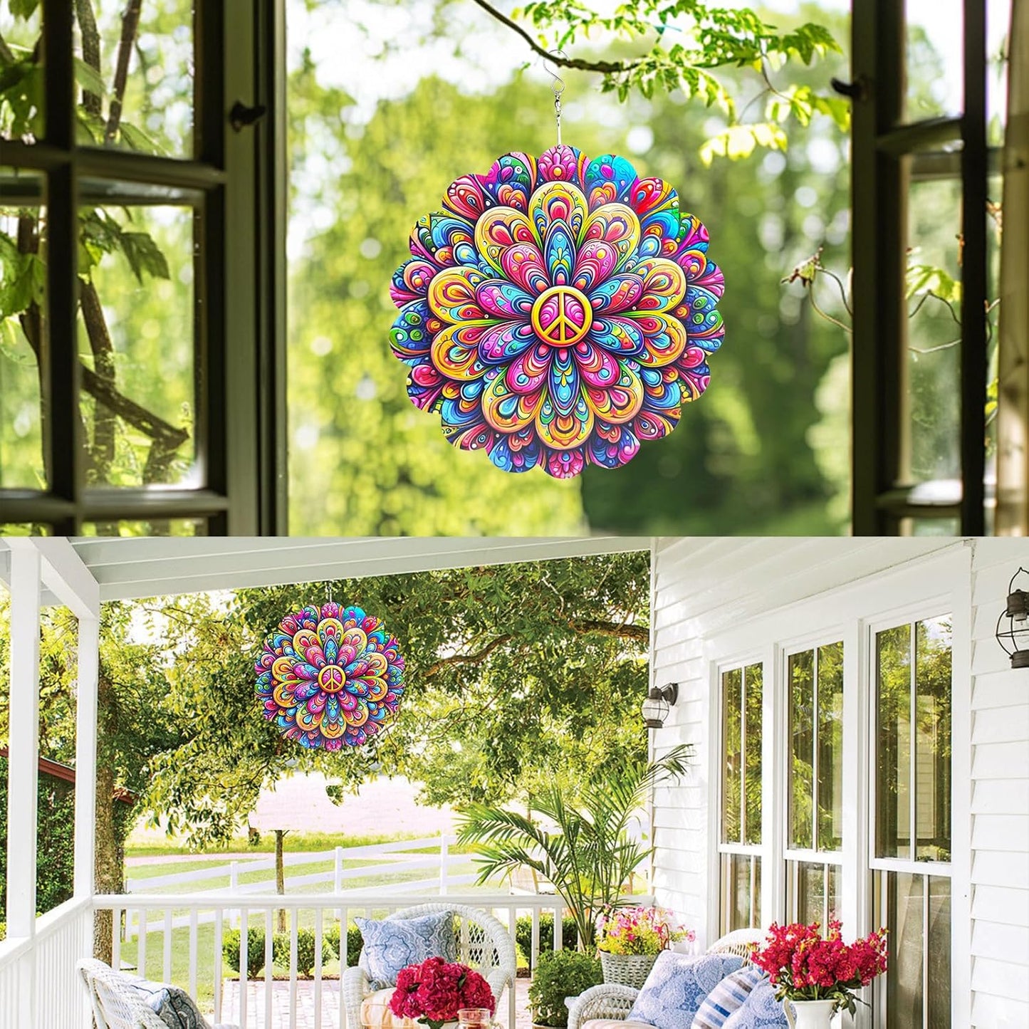 Wind Spinners Art Flower 12 inch 3D Stainless Steel Laser Cut Metal Art Geometric Pattern Wind Sculpture Hanging for Yard Garden Decorations Gifts Indoor Outdoor