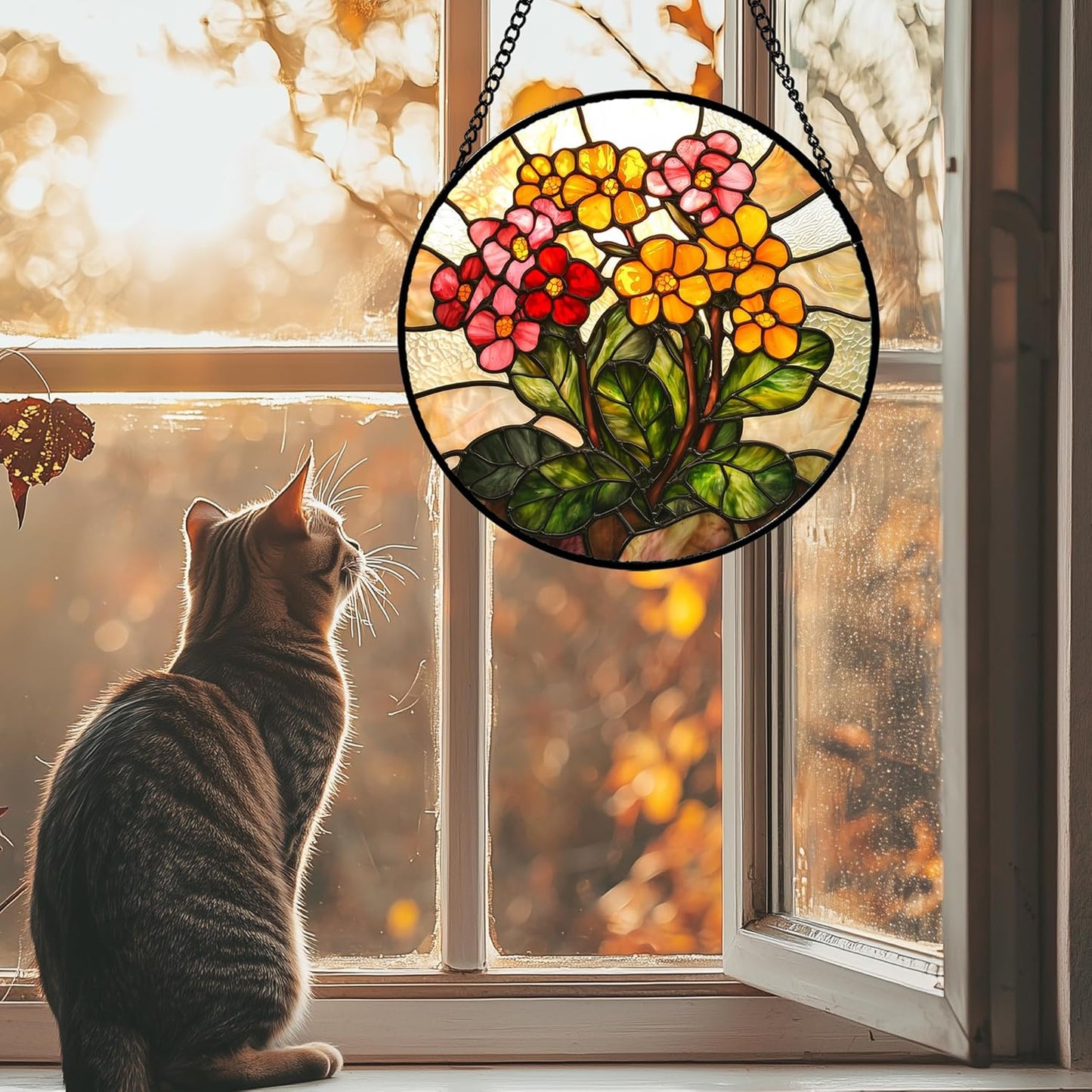 Stained Glass Window Hanging, Yellow Red Flowers Sun Catcher for Window Door Home Decor Green Plant Suncatcher Christmas Mother's Day Birthday Gifts for Women Men Mom and Nana 11.8 in