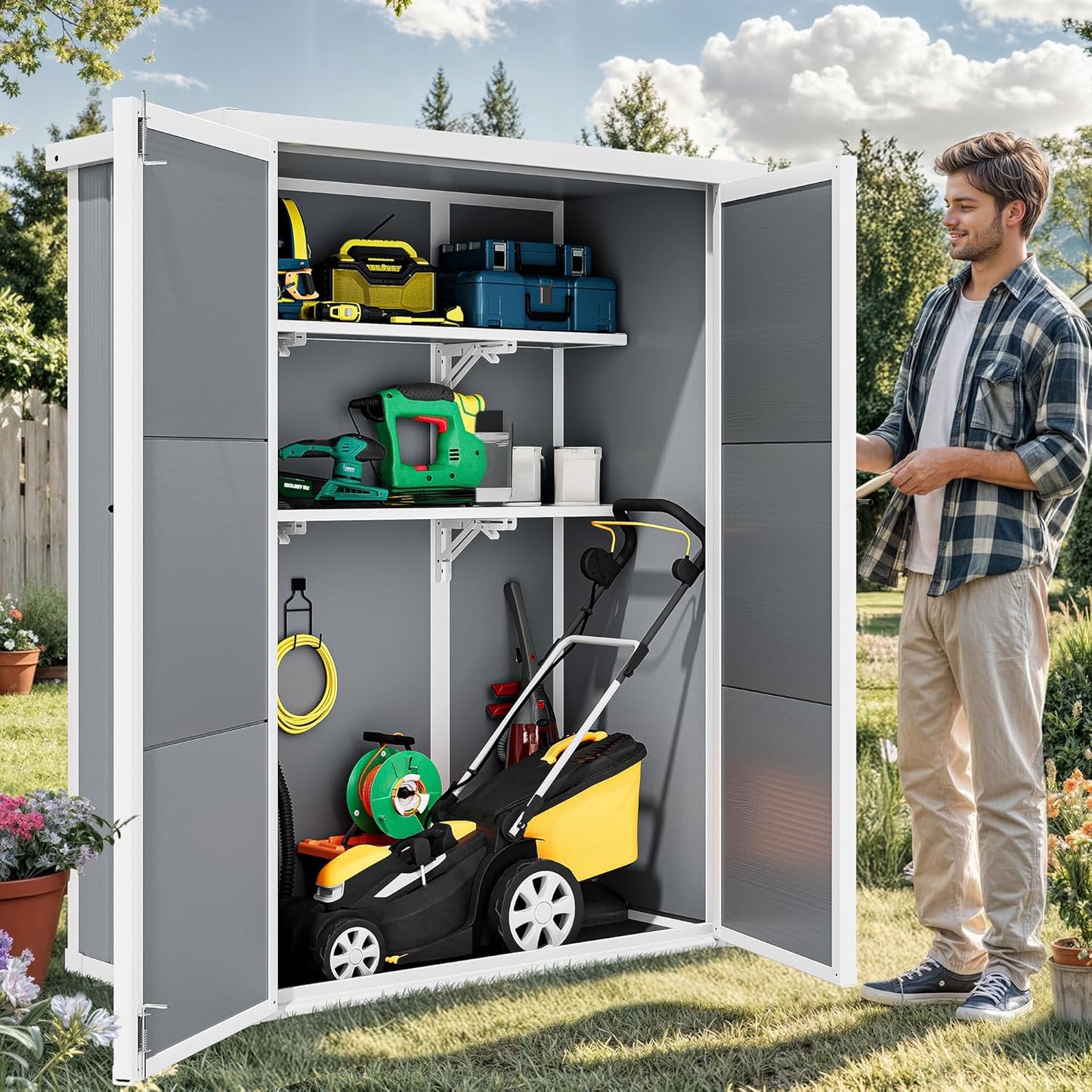 DWVO Outdoor Vertical Storage Shed with 2 Shelves, 49 Cu Ft Waterproof Resin Garden Shed with Floor & Lockable Door, Plastic Tall Tool Cabinet for Garbage Cans, Lawn Equipment, Garden Supplies (Gray)