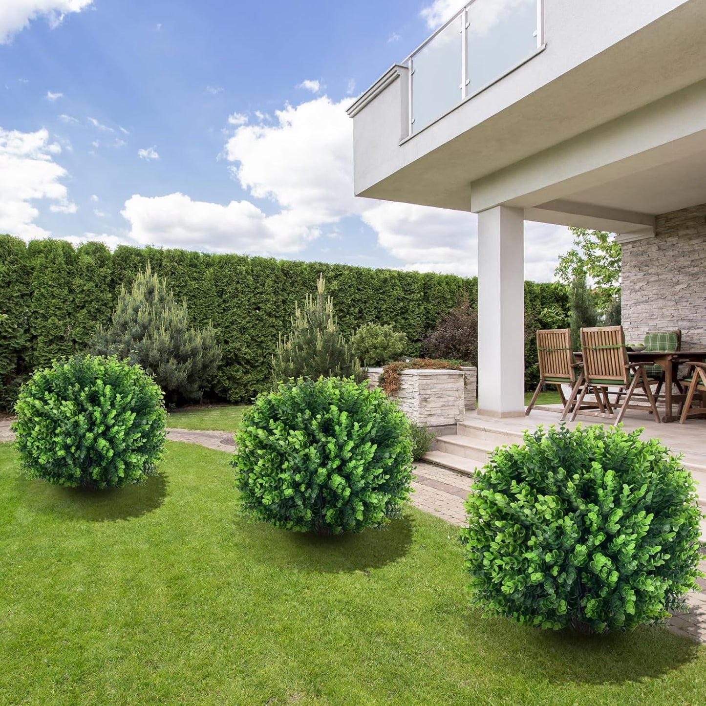 Artificial Topiary Tree with Eucalyptus, Set of 2 UV Resistant 17in Miniature Trees, Outdoor for Porch, Fake Bonsai Topiaries, Greenery Balls, Faux Shrubs for Planters, Curb Appeal Decor