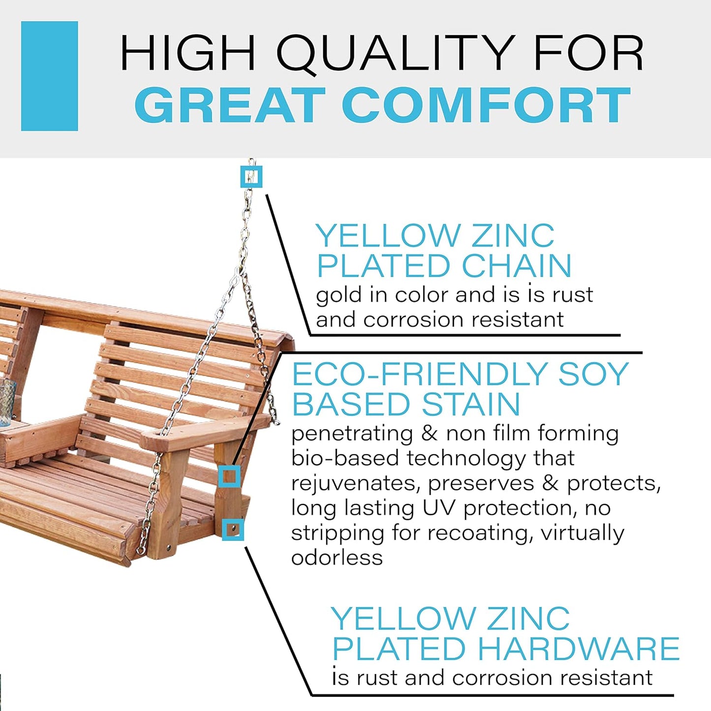 Porchgate Amish Heavy Duty Console Porch Swing with Fold Down Cup Holders in Cedar Stain - Amish Made in The USA from Treated Pine, Hanging Chains Included