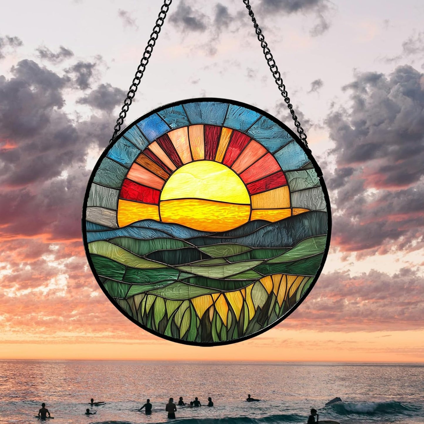 Stained Glass Window Hanging, Golden Red Sun Green Mountain Suncatcher for Window Home Decor Nature Landscape Sun Catcher Mother's Day Birthday Gifts for Women Men Mom Nana 7.8 in