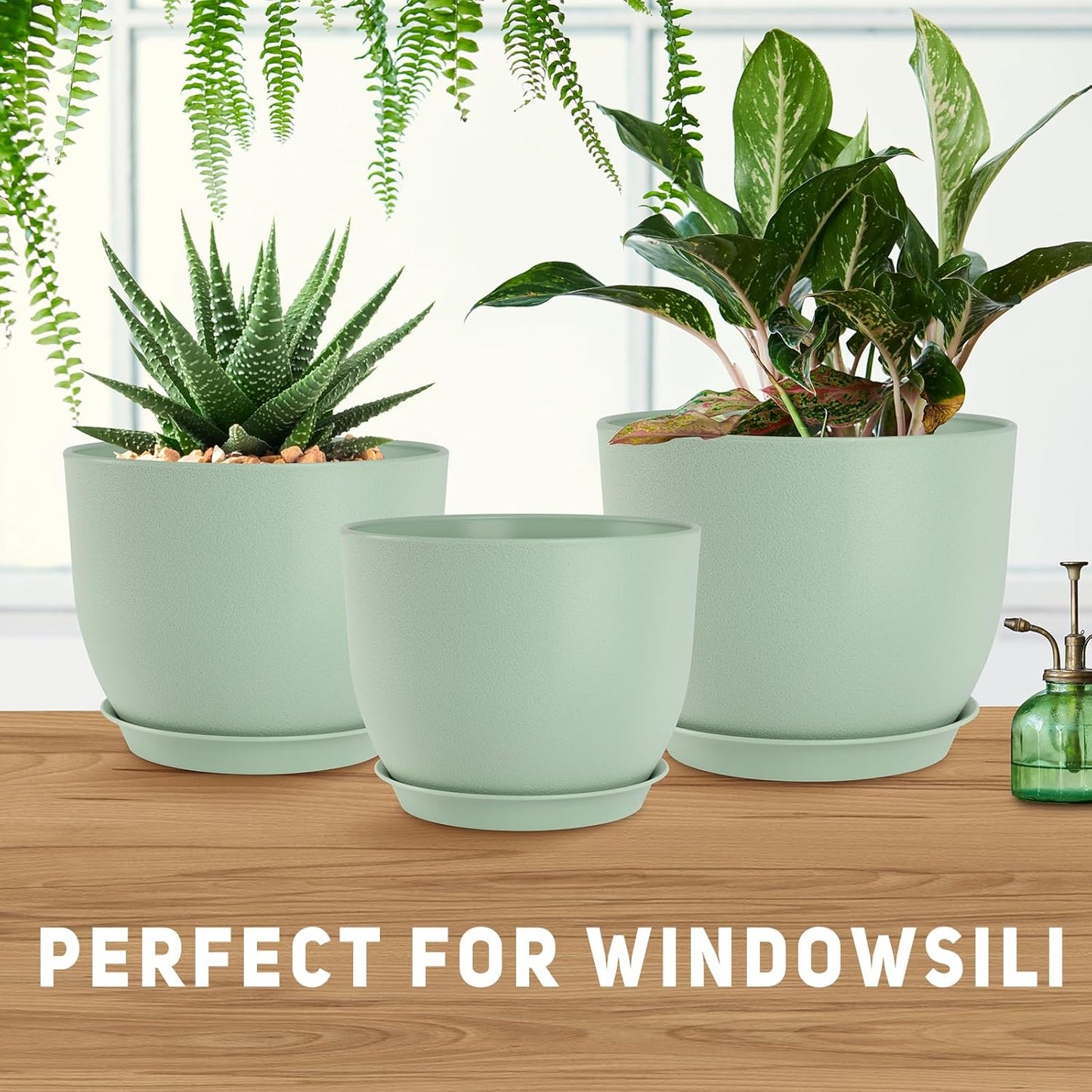 Plant Pots 10/9/8/7.5/7 inch Flower Pots with Multi Mesh Drainage Holes, Planters for Indoor Outdoor Garden Plants and Flowers. (Green)