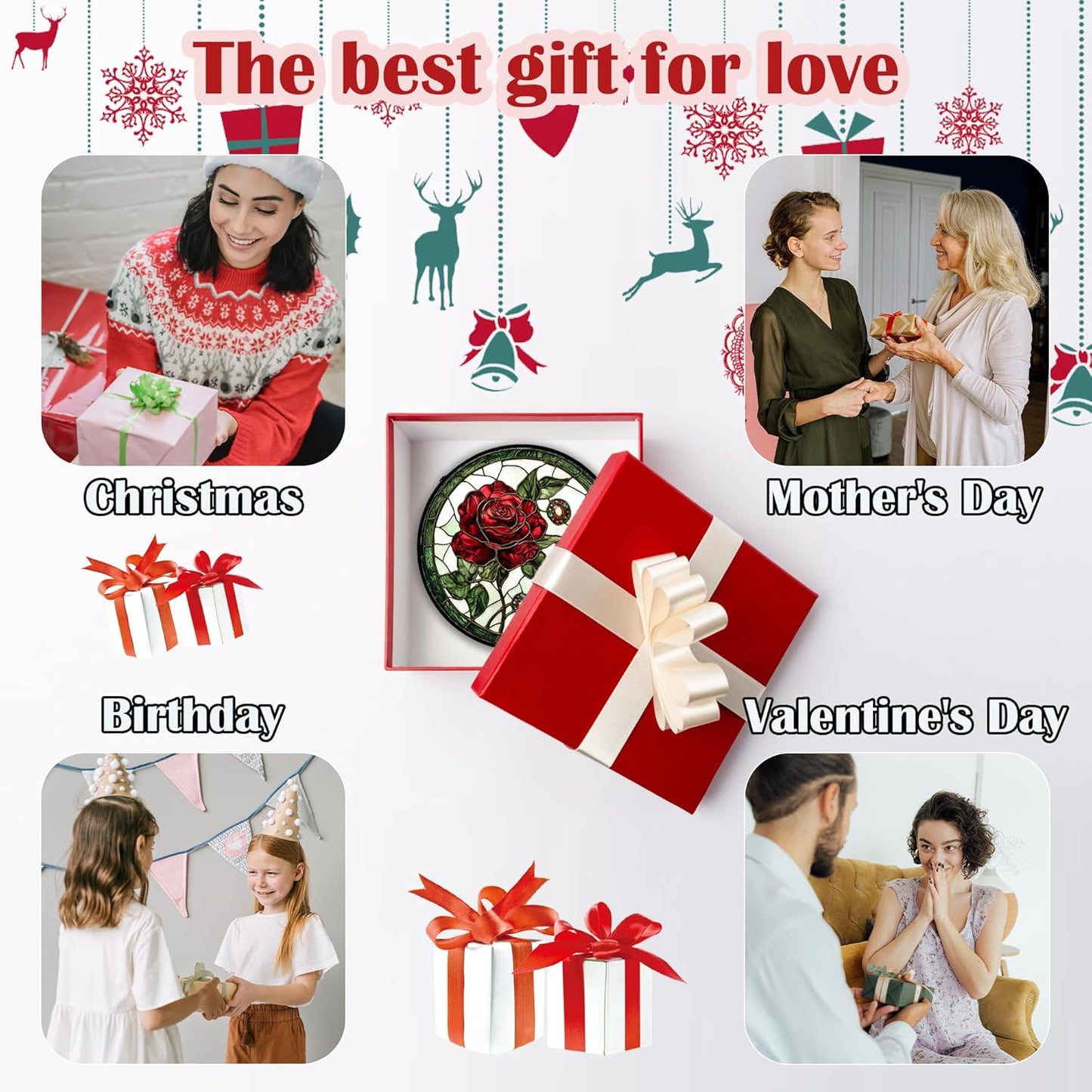 Stained Glass Window Hanging, Red Rose Gemstone Green Sun Catchers Diamond Glass Panel Hangings Suncatcher Decor for Birthday for Women, Men, Wife, Aunt, and Mom 11.8x11.8 in