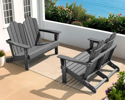 SERWALL Folding Adirondack Bench, HDPE All-Weather Adirondack Loveseat Set of 2, Grey