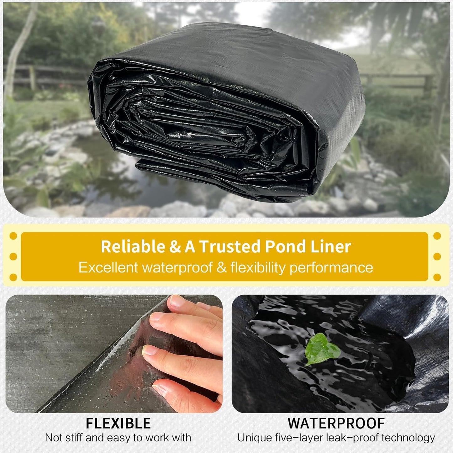 yeezoo 40X40FT Reinforced Large PE Pond Liner, KOI Pond Liners for Outdoor Ponds, Enhanced 5-Layer Structure Pond Liner for Fish, Duck, Garden Raised Bed and Waterscape Pond(0.82oz/sq ft Thickness)