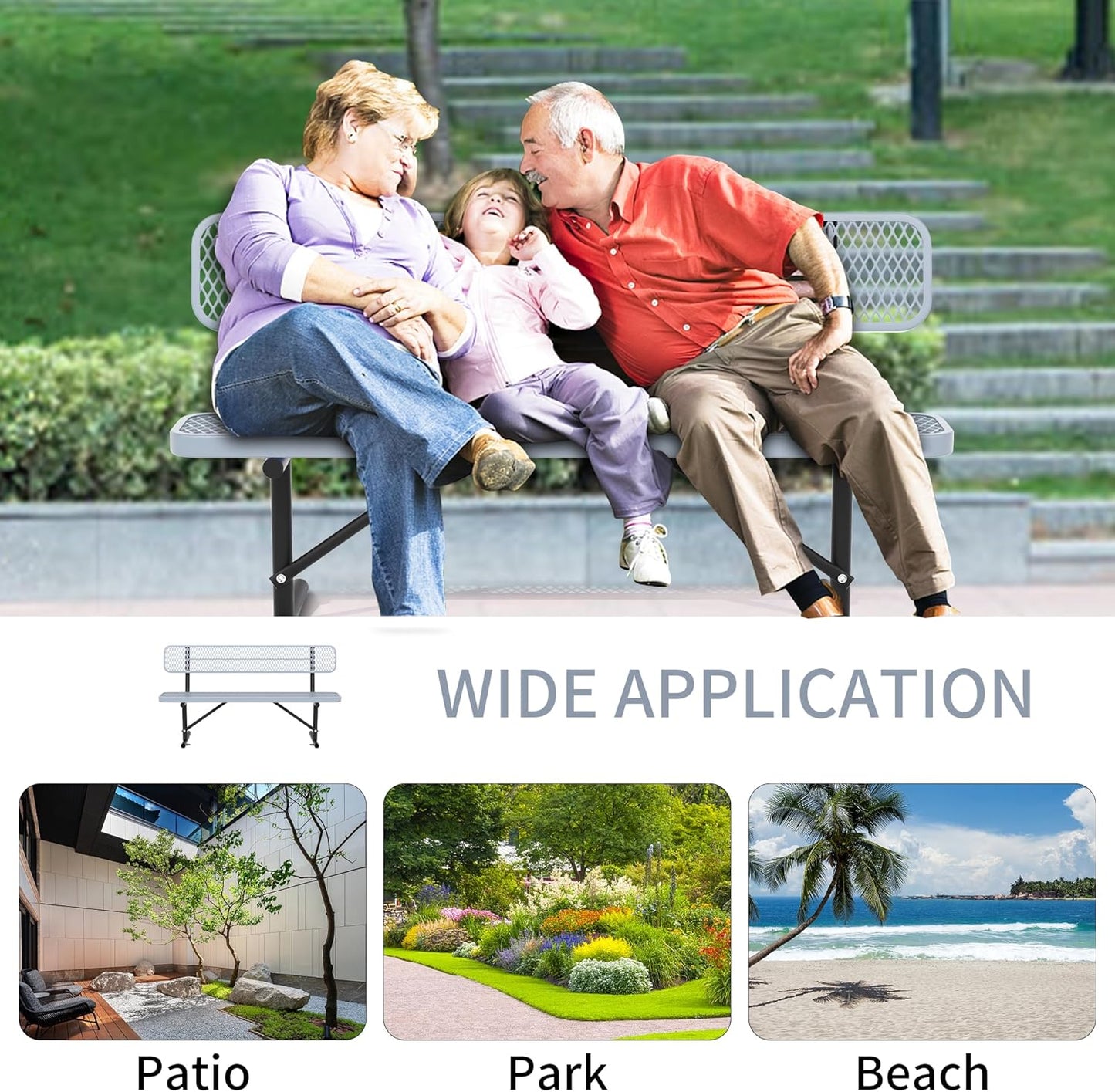 8 Feet Heavy Duty Metal Park Bench for Outside, Outdoor Bench with Backrest & Portable Frame, Commercial Benches for Shopping Malls, Stores, Parks, Patios, Decks, Grey